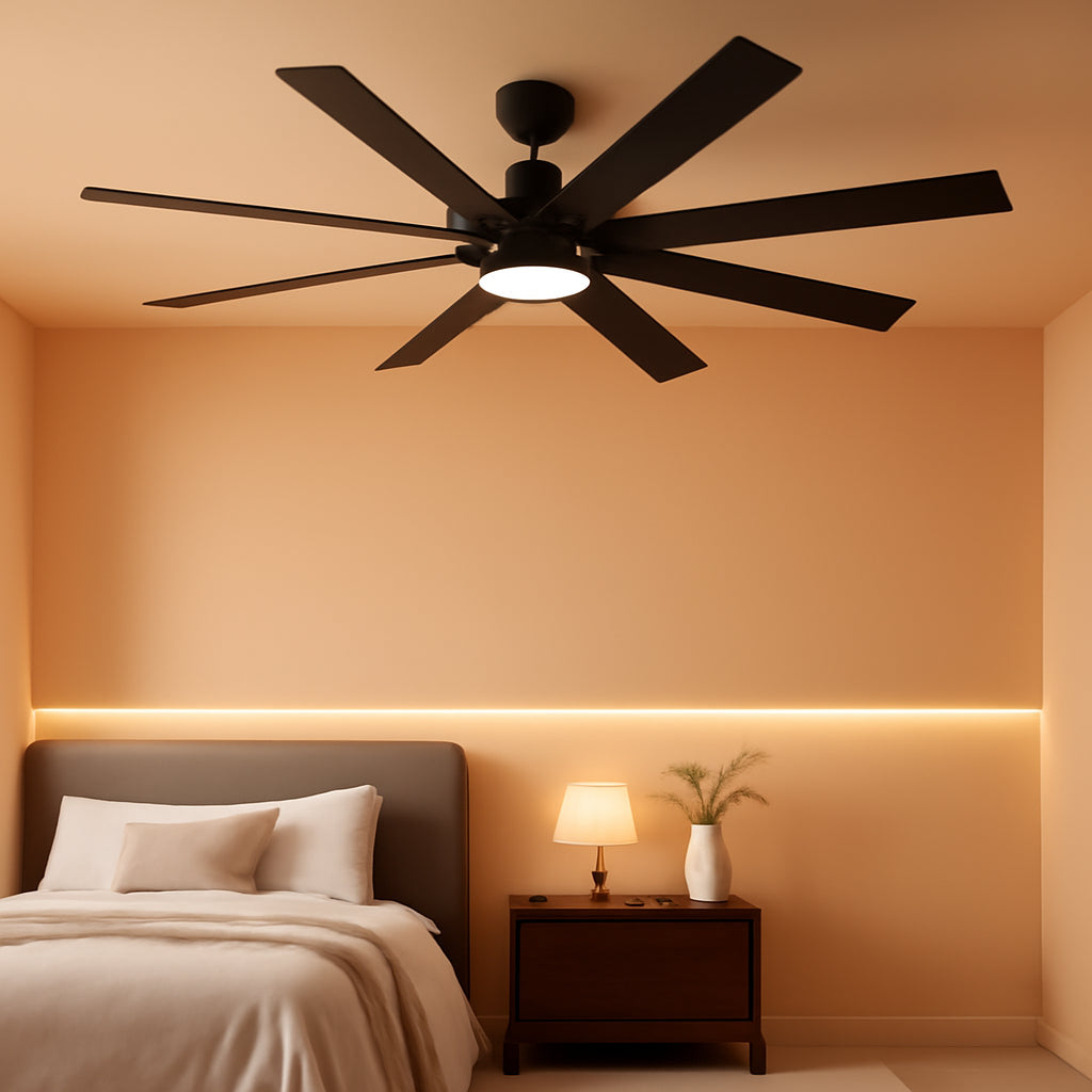 62 Inch Ceiling Fan With Remote Matte Black Wood Finish in a modern bedroom setting with soft ambient lighting.