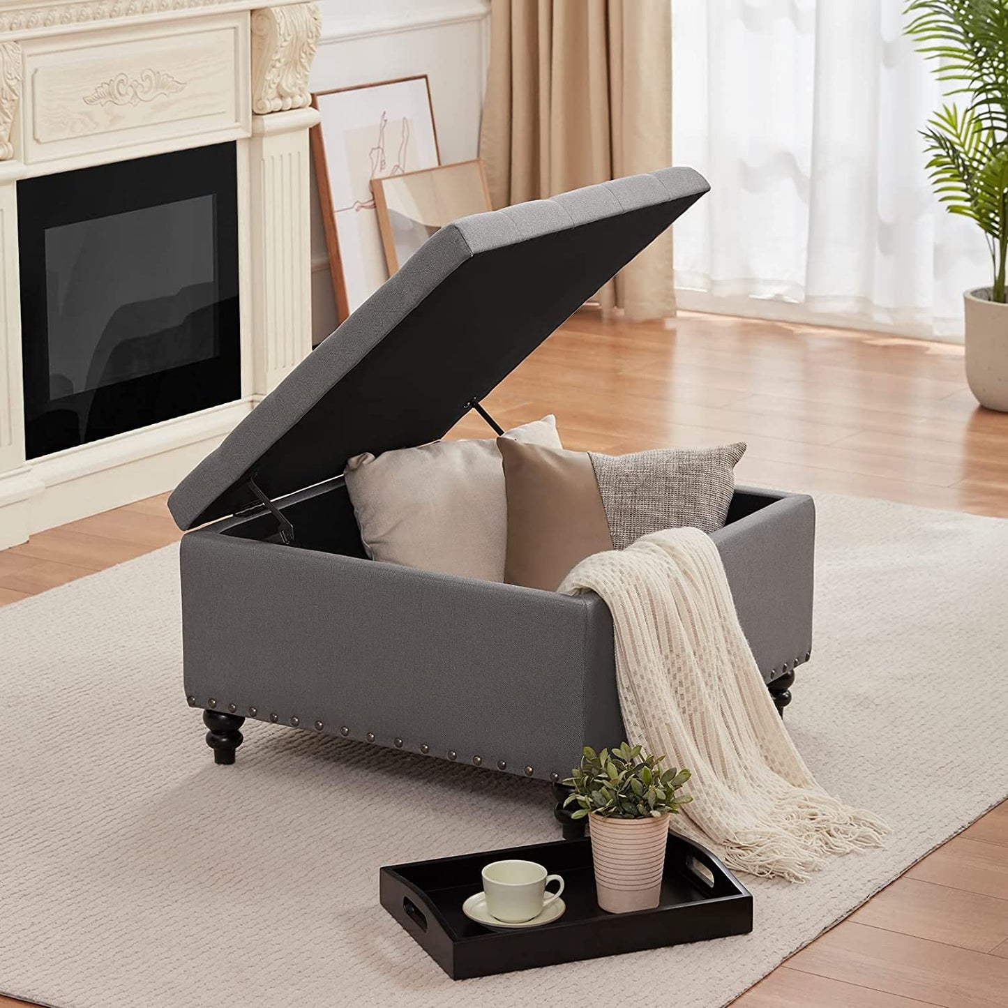 Grey Tufted Storage Ottoman With Tray Square Coffee Table