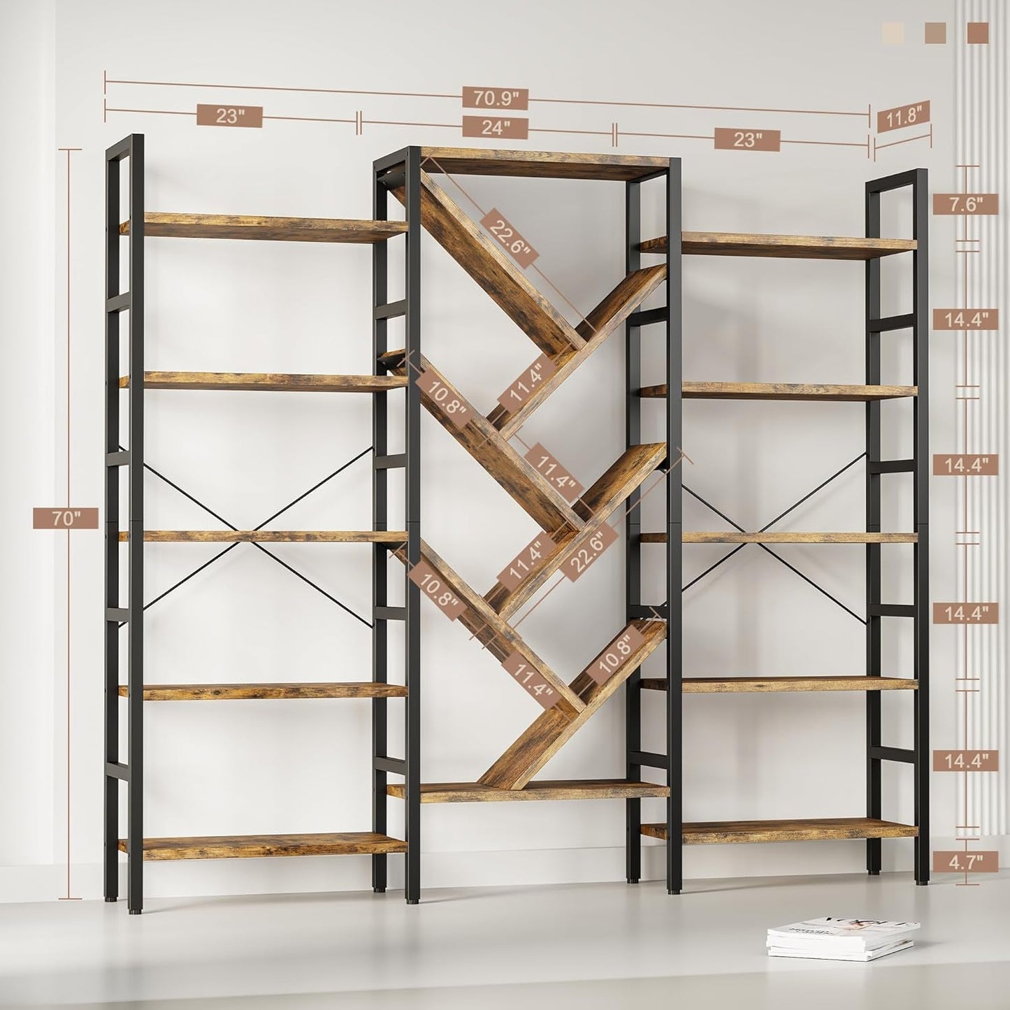 Rustic Brown 5 Tier Wooden Bookcase With Metal Frame