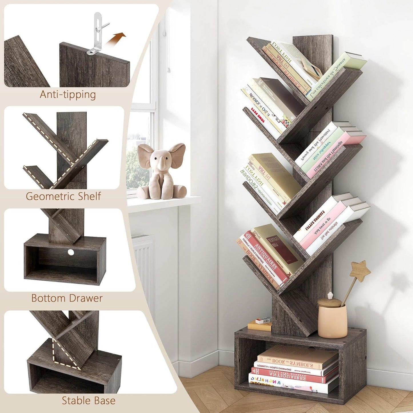 6 Tier Tree Bookshelf Bookcase With Drawer Grey Office