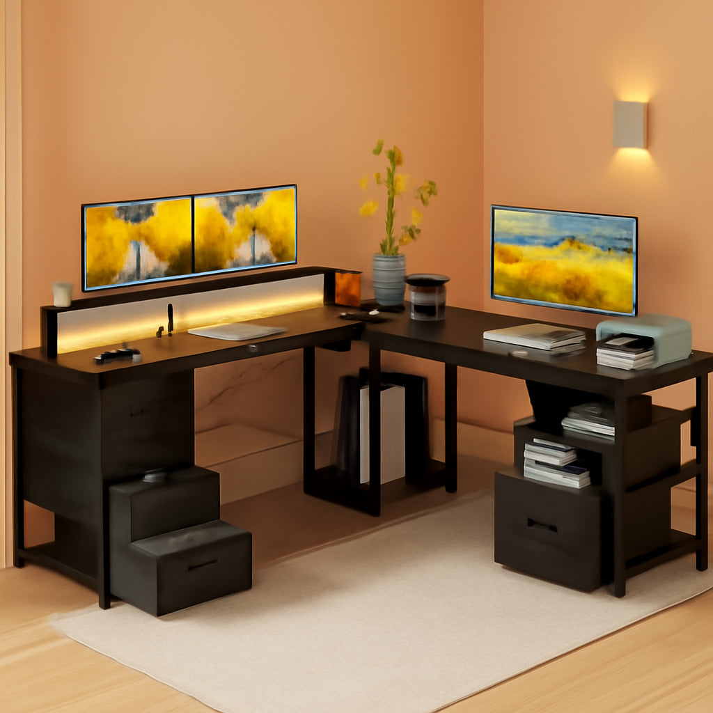66 Inch L Shaped Computer Desk With LED Lights And Power Outlet