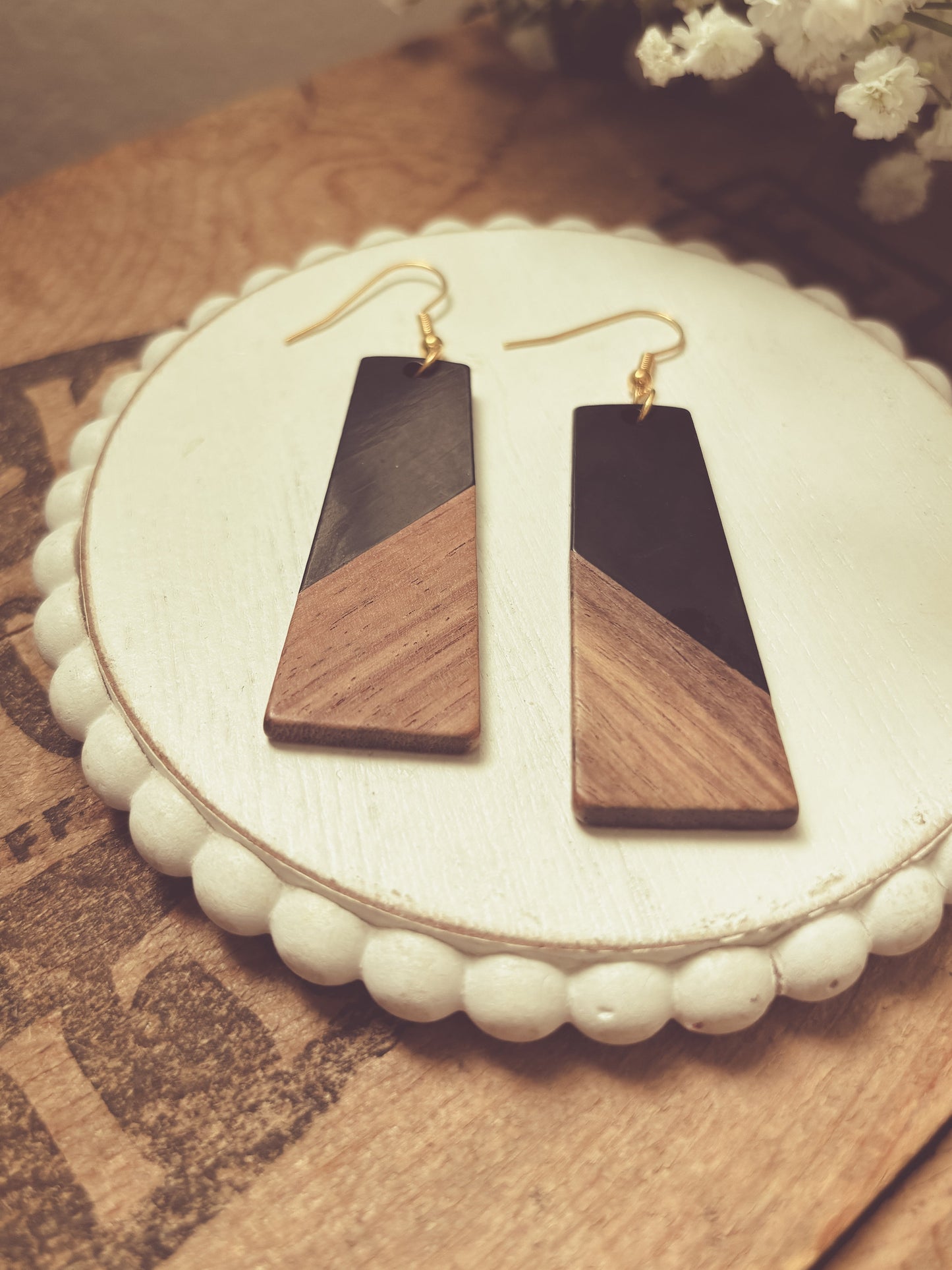 Beautiful Black Resin and Wood Earrings