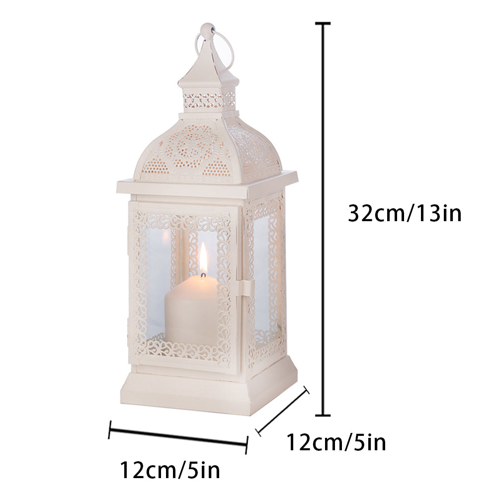 Rustic Metal Decorative Candle Lantern Hanging Candle Holder with Tempered Glass White dimensions and design showcased