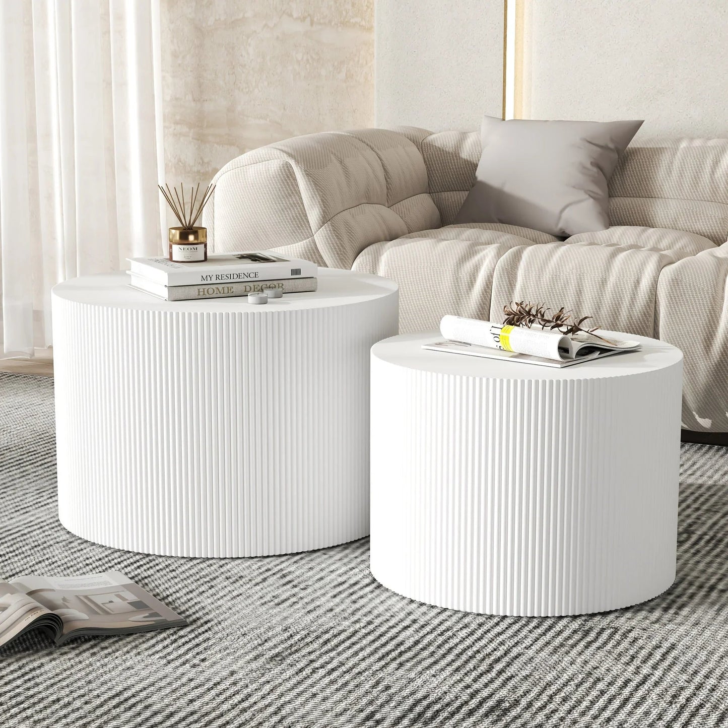 23.6" Vertical Grain Round Wooden Coffee Tables, Modern Nesting Coffee Table Set of 2, Indoor Side Table for Small Spaces Living Room, Bedroom, Balcony, Office
