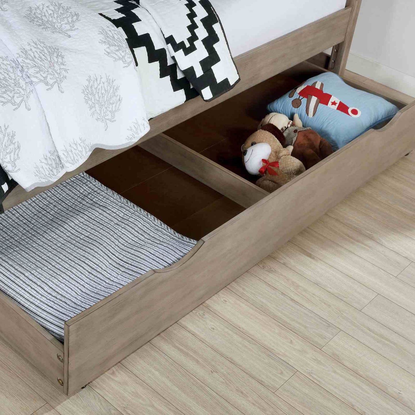 Transitional Twin Size Bed w Trundle 2x Nightstands Warm Gray Bedroom Furniture Wood Grain Texture 3pc Set