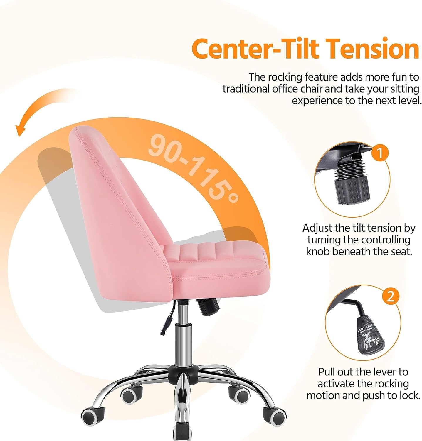 Pink PU Leather Armless Office Chair With Rolling Wheels