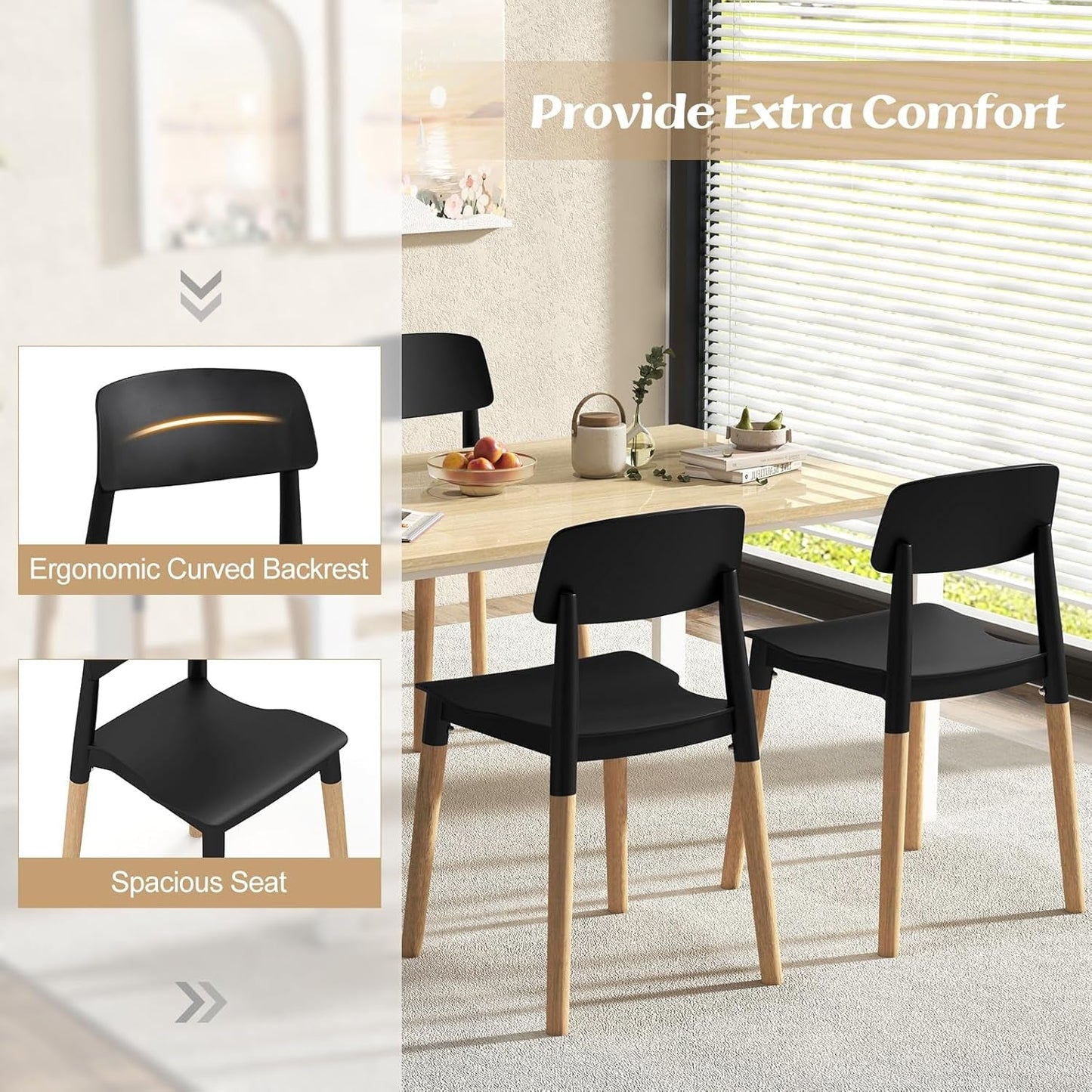 Wooden Dining Chairs Set of 4 Black Ergonomic Backrest