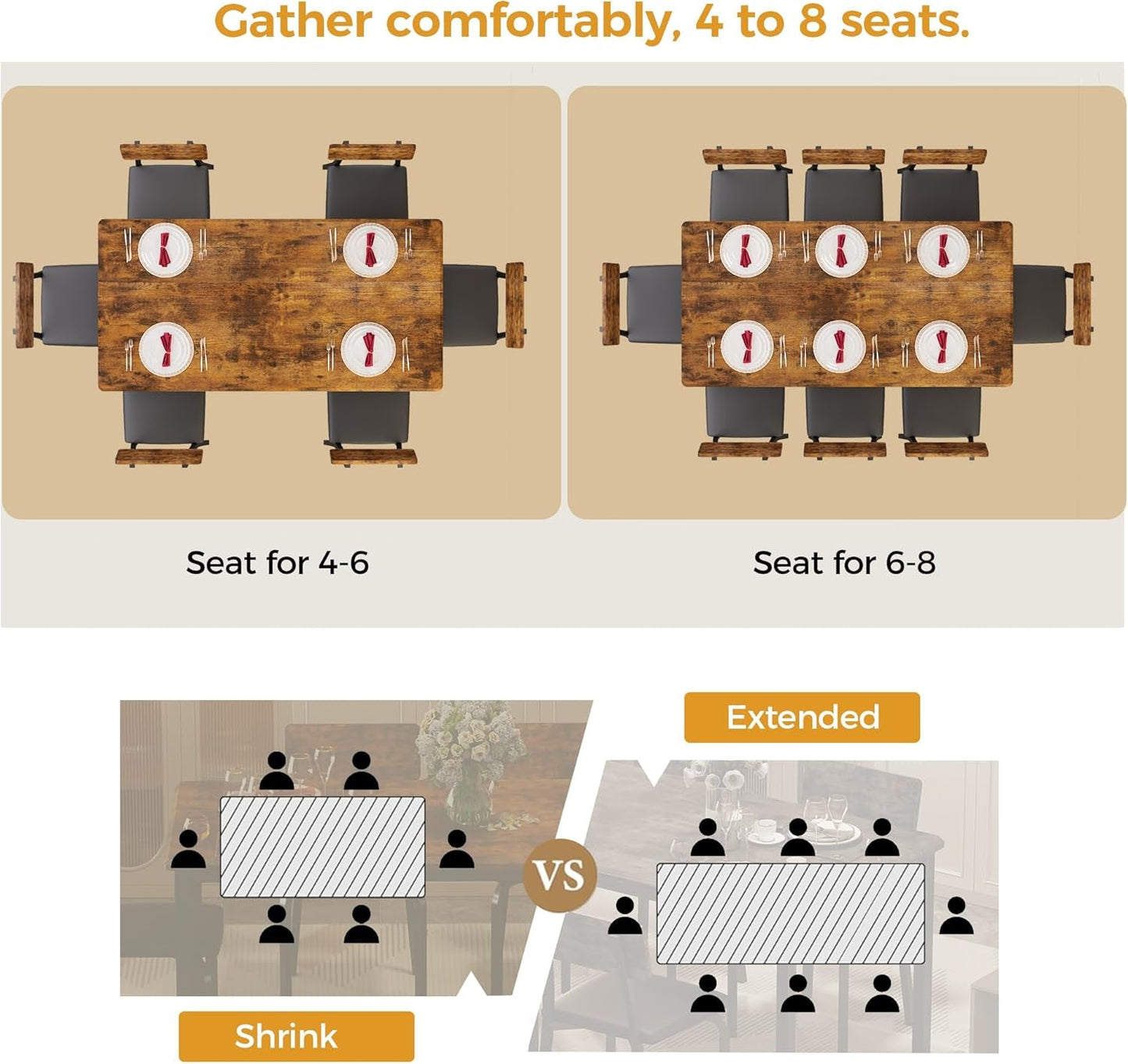 Sixty Three Inch Extendable Dining Table Set Rustic Brown