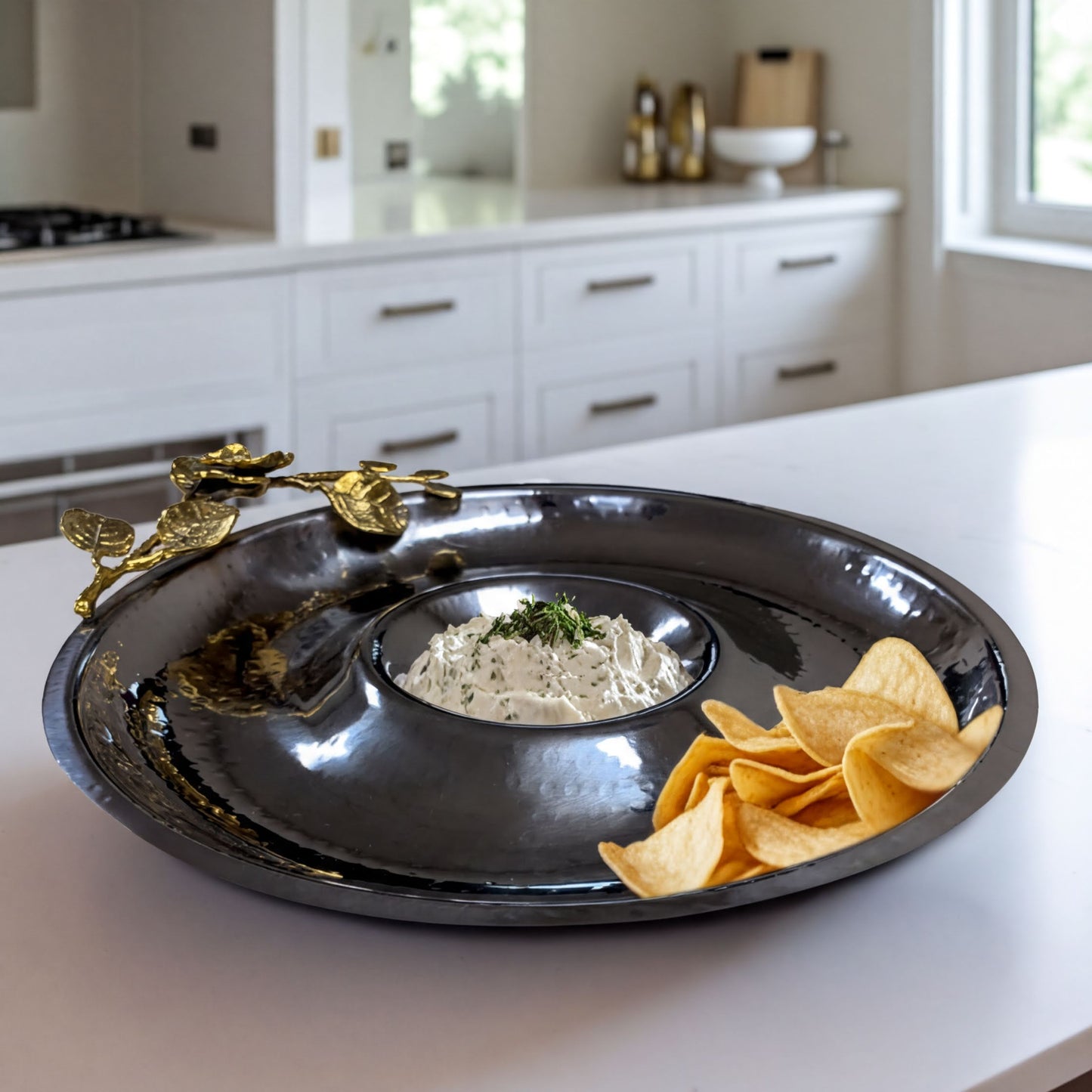 Chip And Dip Platter - Large Stainless Steel Snack Serving Tray With Orchid Accent