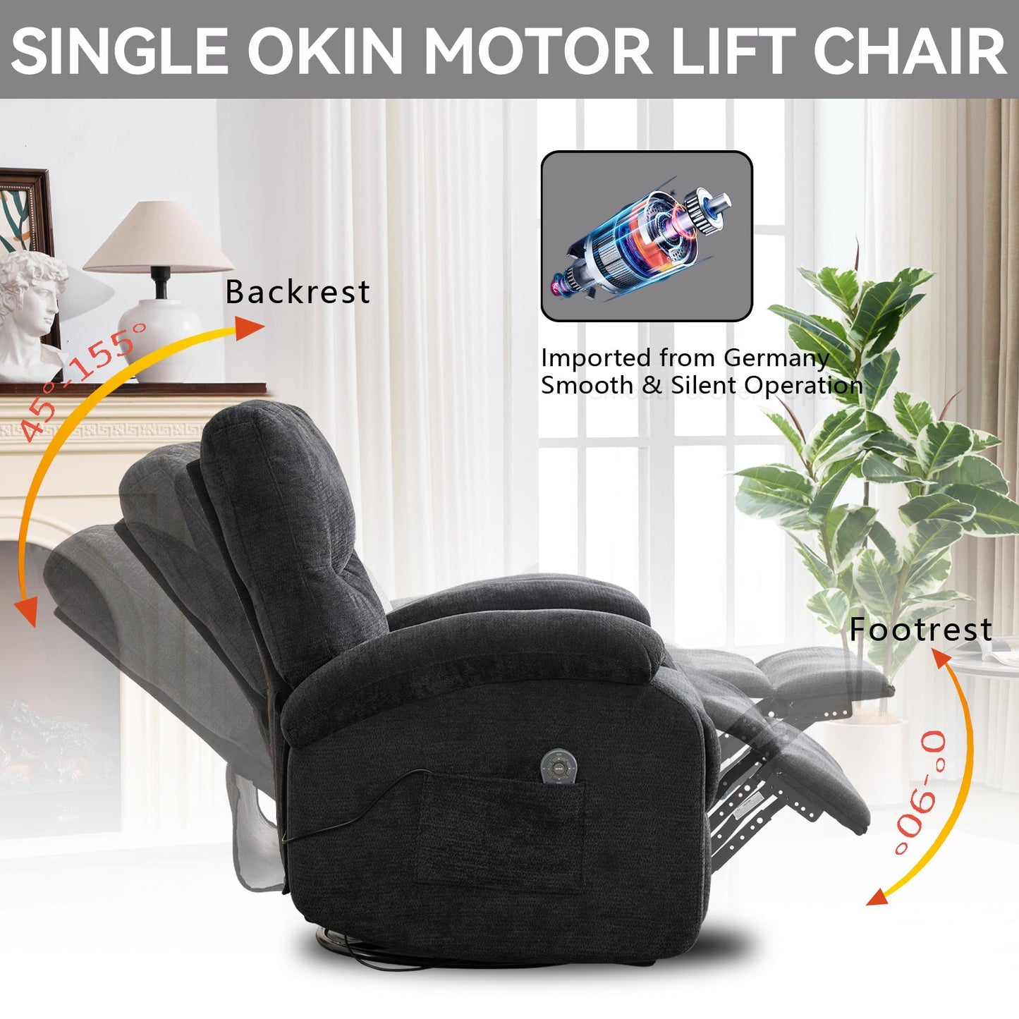 Hot massage manual lounge chair, with rocker arms and rotating fabric, with cup bucket, for living room, black