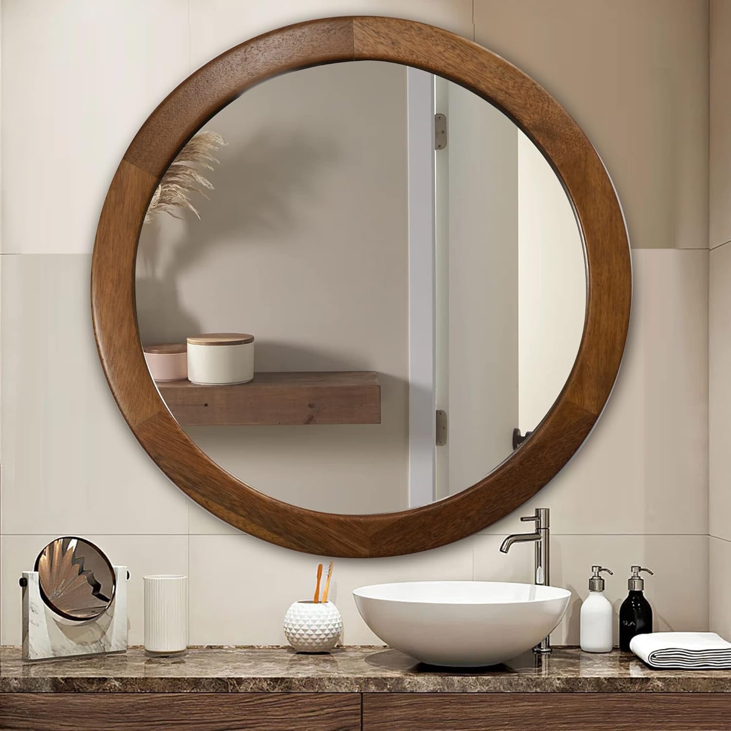 30 Inch Walnut Round Wall Mirror Rustic Style hanging above a modern bathroom sink with natural wood accents.