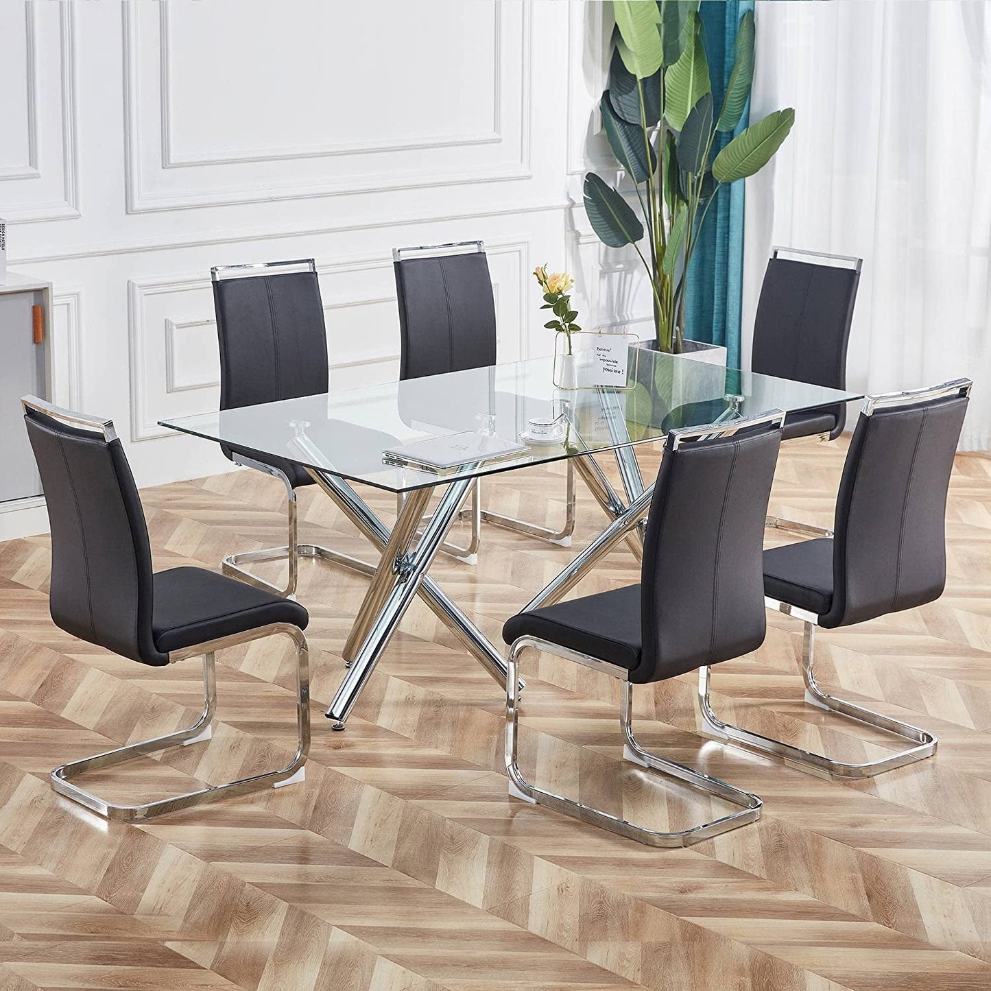 Black Modern High Back Faux Leather Dining Chairs Set Of 4