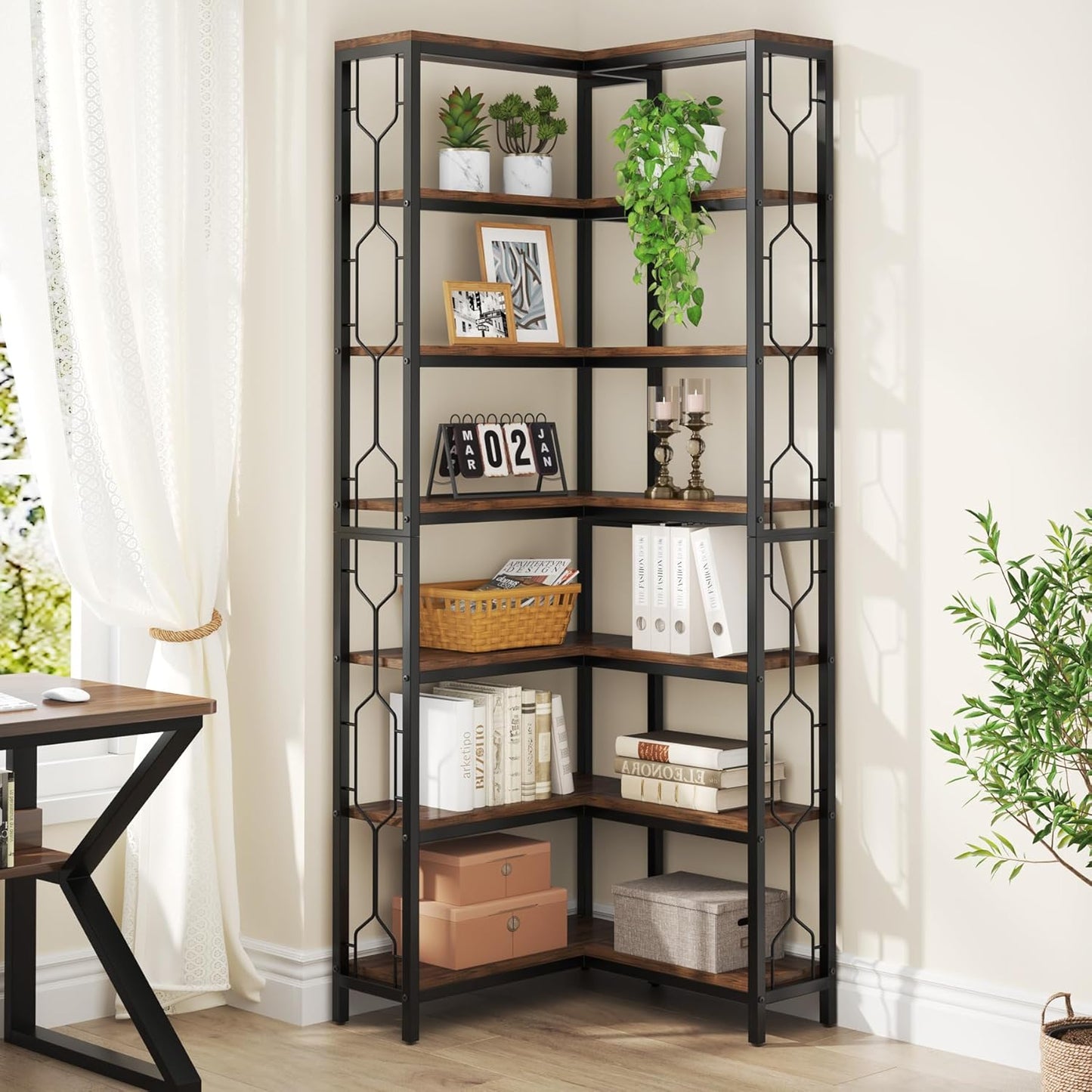 Stylish 7-Tier Industrial Corner Bookshelf