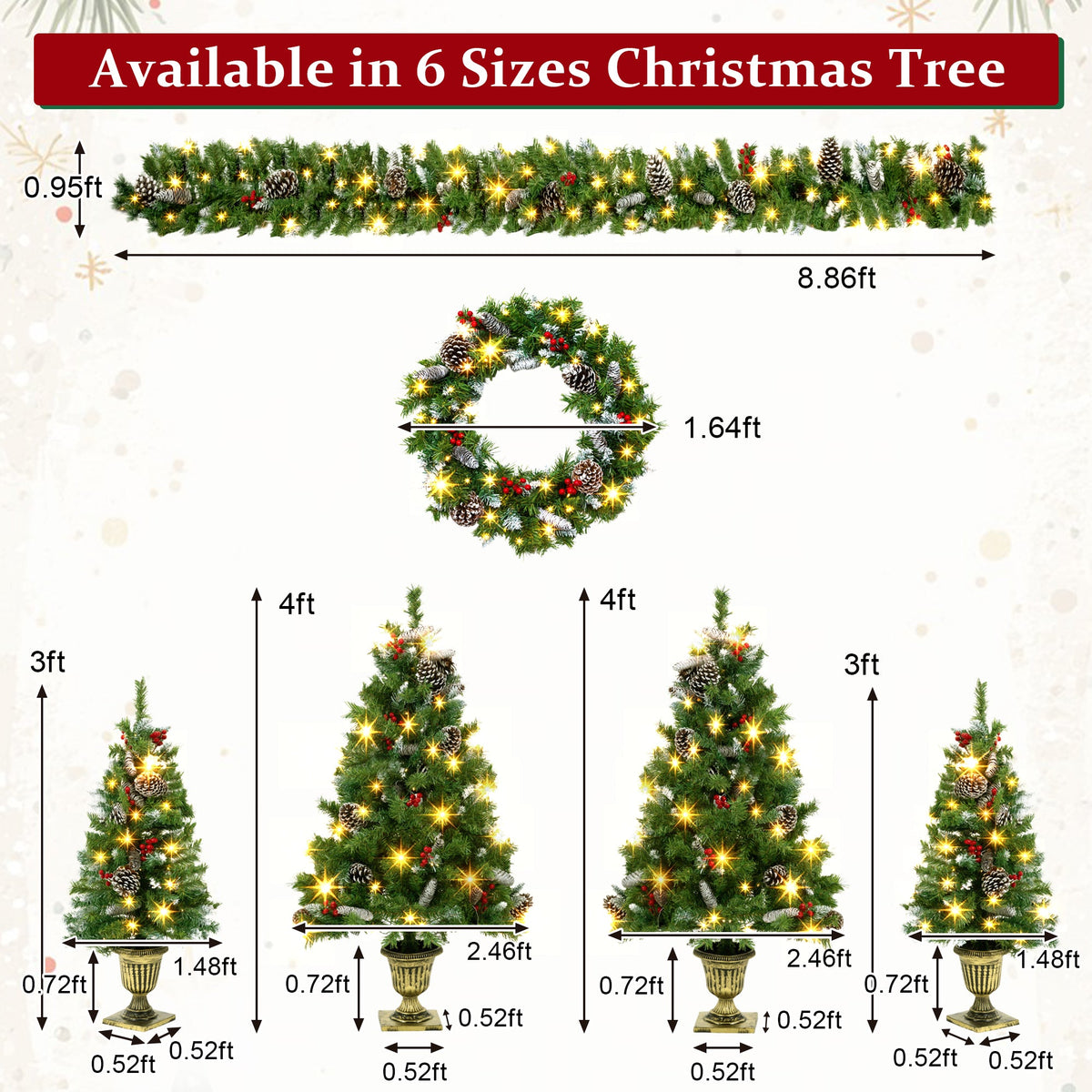 6-Piece Christmas Tree Set – 4 Trees, Wreath, and Garland