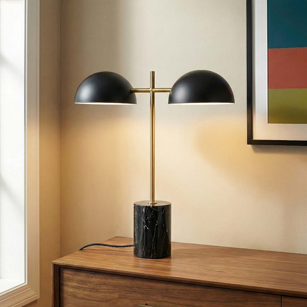 Black Table Lamp with On/Off Switch and Faux Marble Base