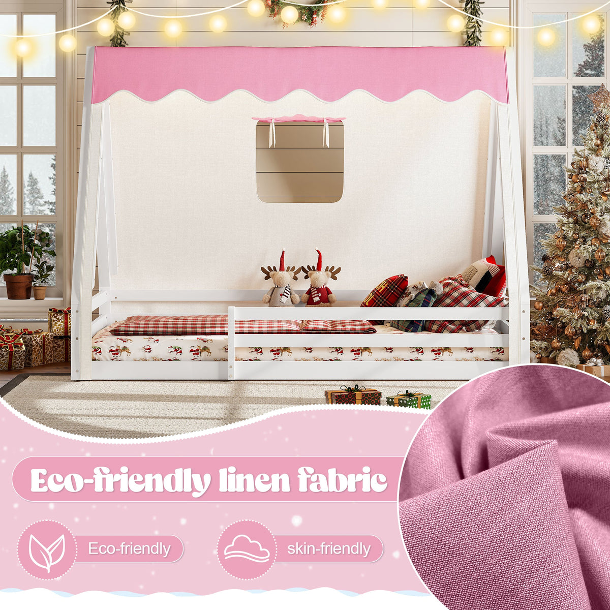 Twin Size House Floor Bed with Tent and Light