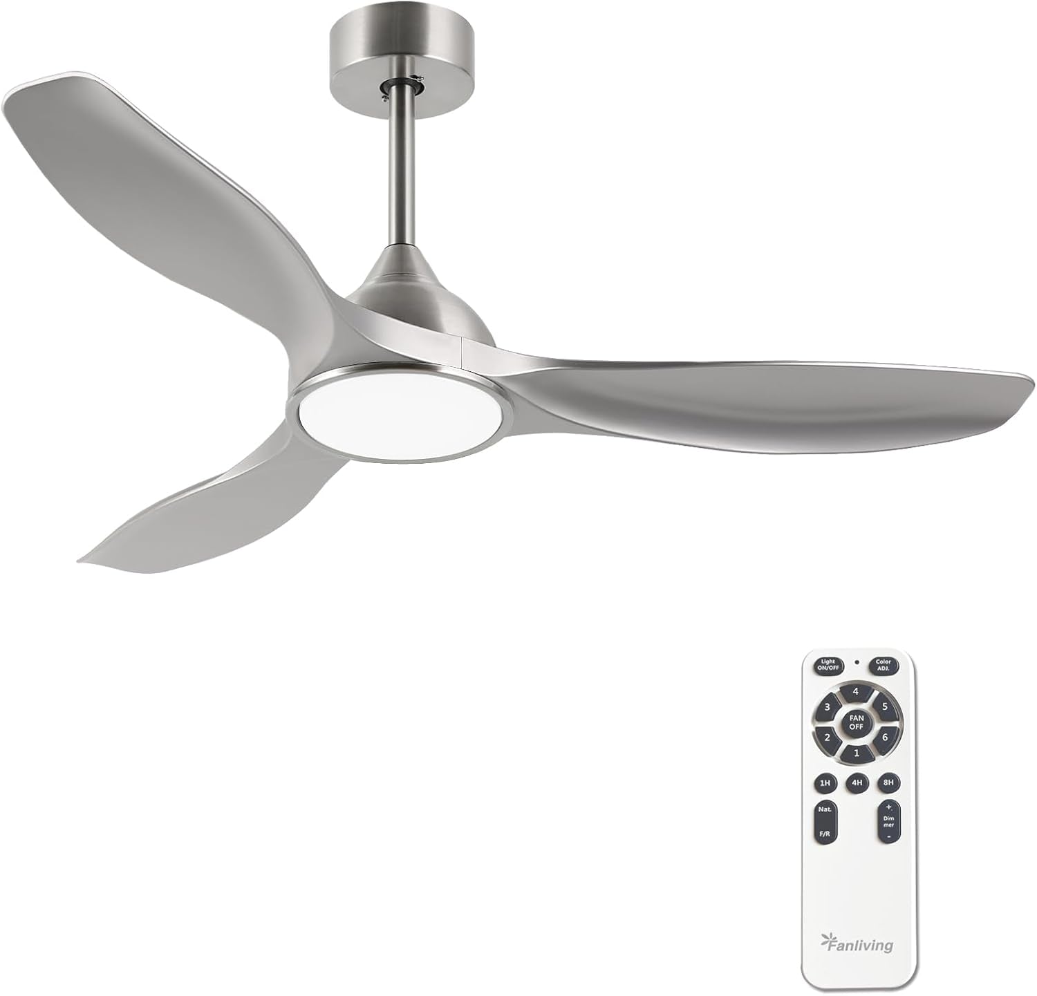 52 Inch Quiet DC Motor Ceiling Fan With LED Lights Remote Control in modern silver finish with remote.