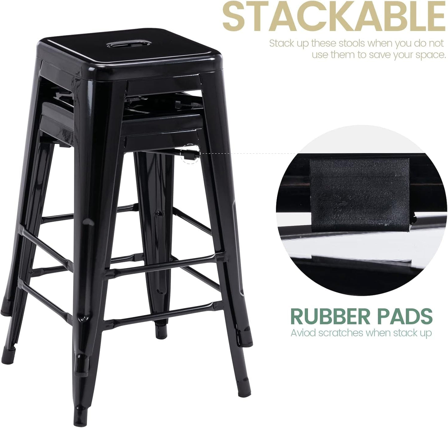 24 Inch Black Metal Bar Stools Set of 2 Backless Indoor Outdoor Square Seat Counter Height