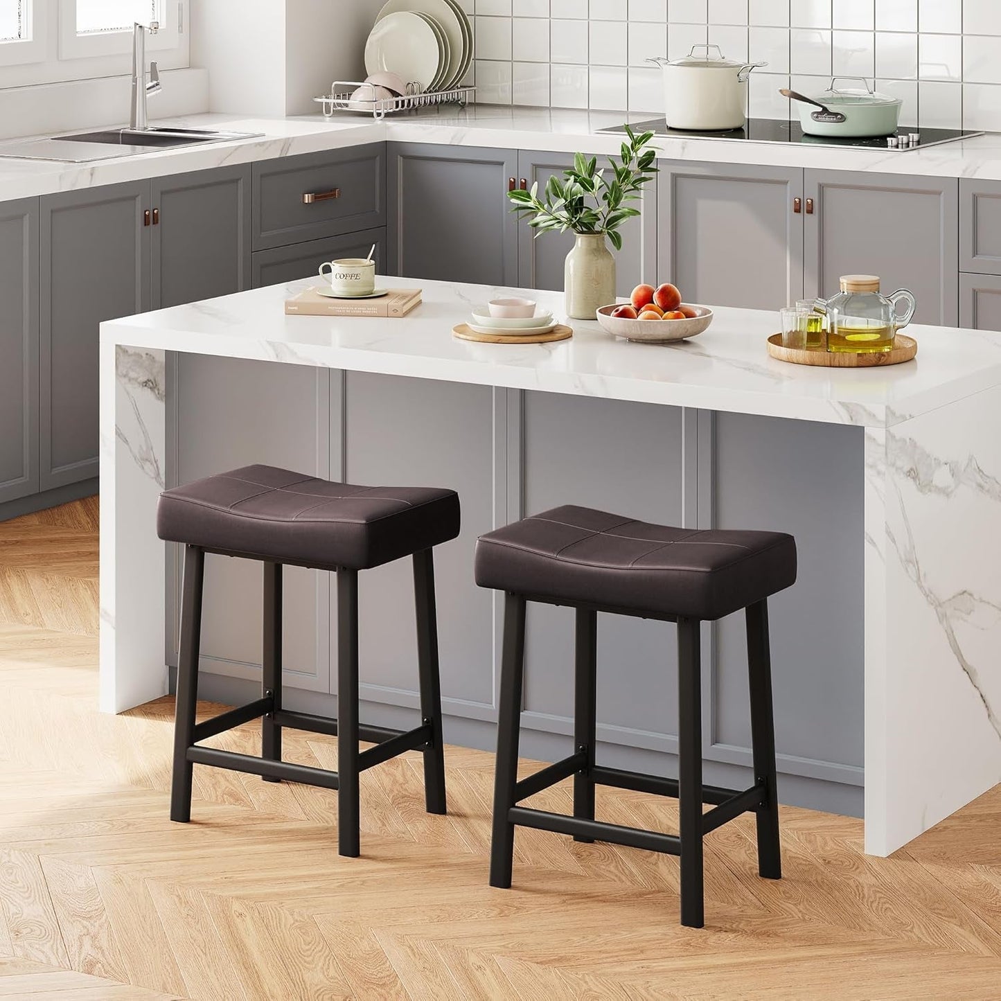 24 Inch Backless Saddle Bar Stools Two Pack, Counter Height Upholstered Padded Seats With Curved Surface, Brown