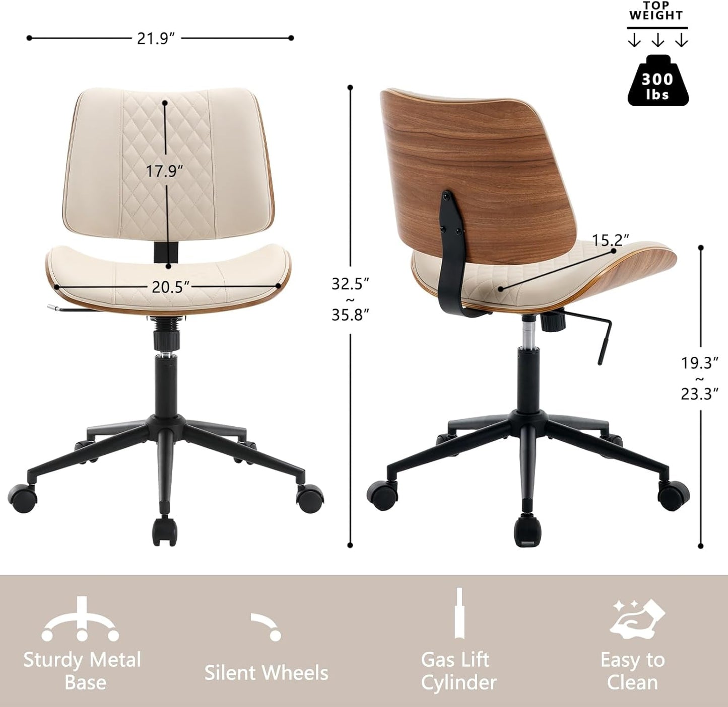 Armless Office Chair With Wheels Beige PU Leather Ergonomic