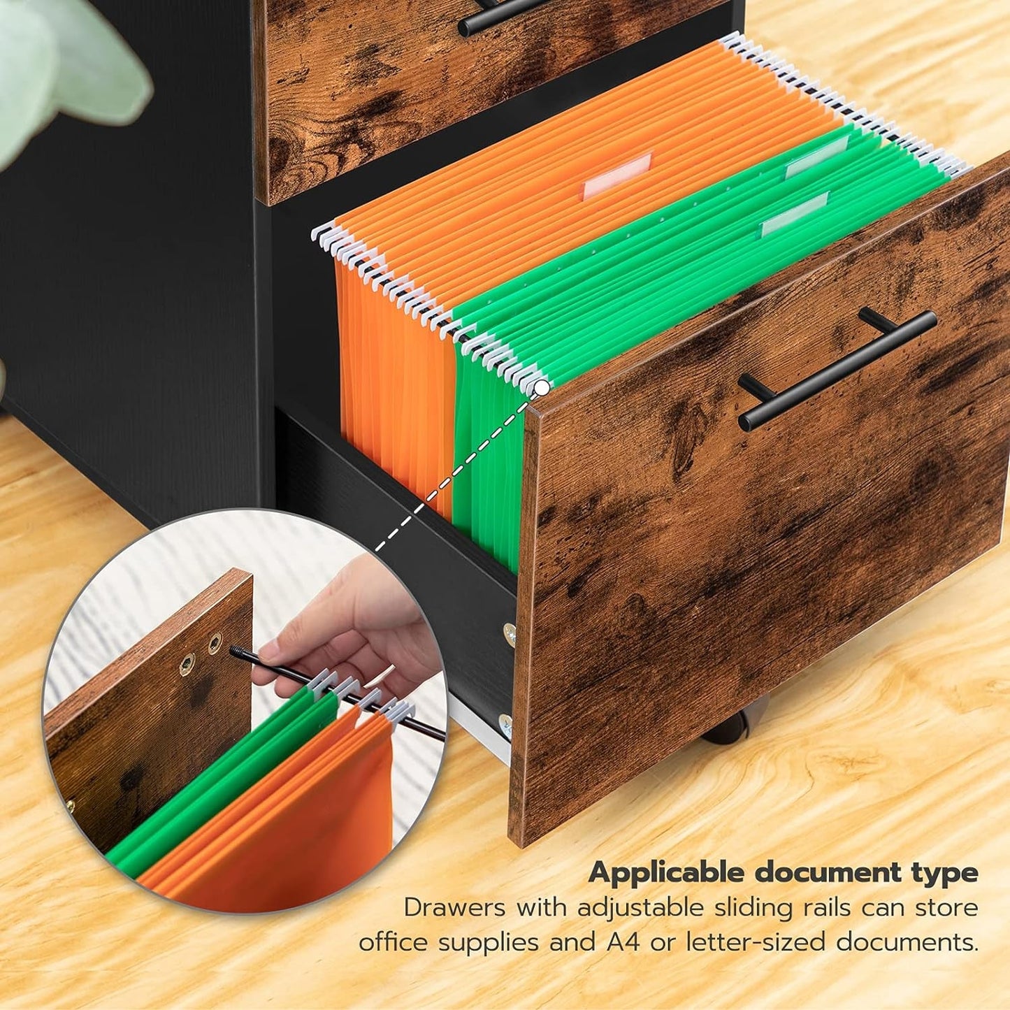 Wooden Three Drawer File Cabinet Under Desk Fits A4 Letter Size Rustic Brown Black Finish With Rolling Storage