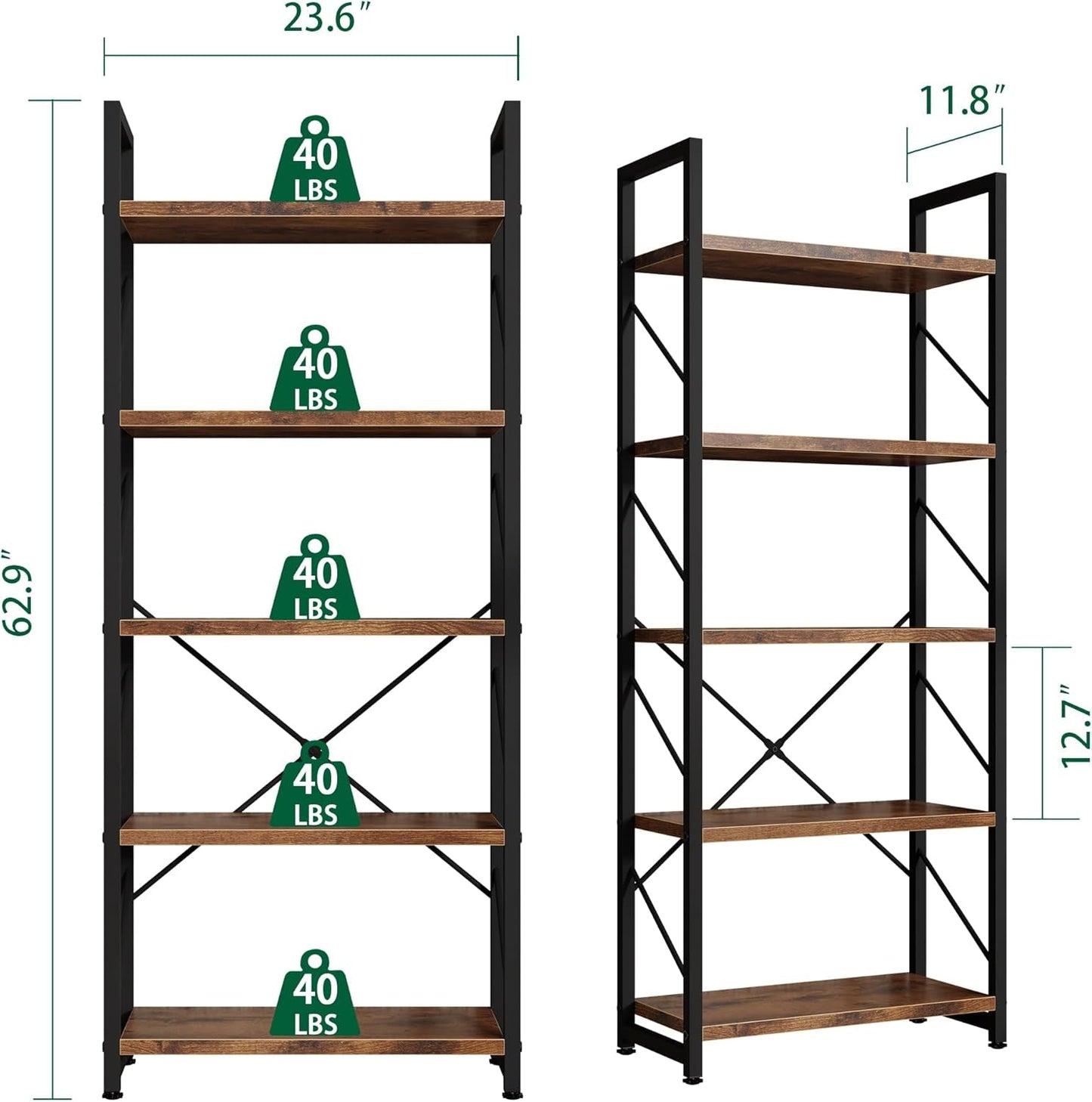 5 Tier Bookshelf Rustic Brown Tall Bookcase For Home Office
