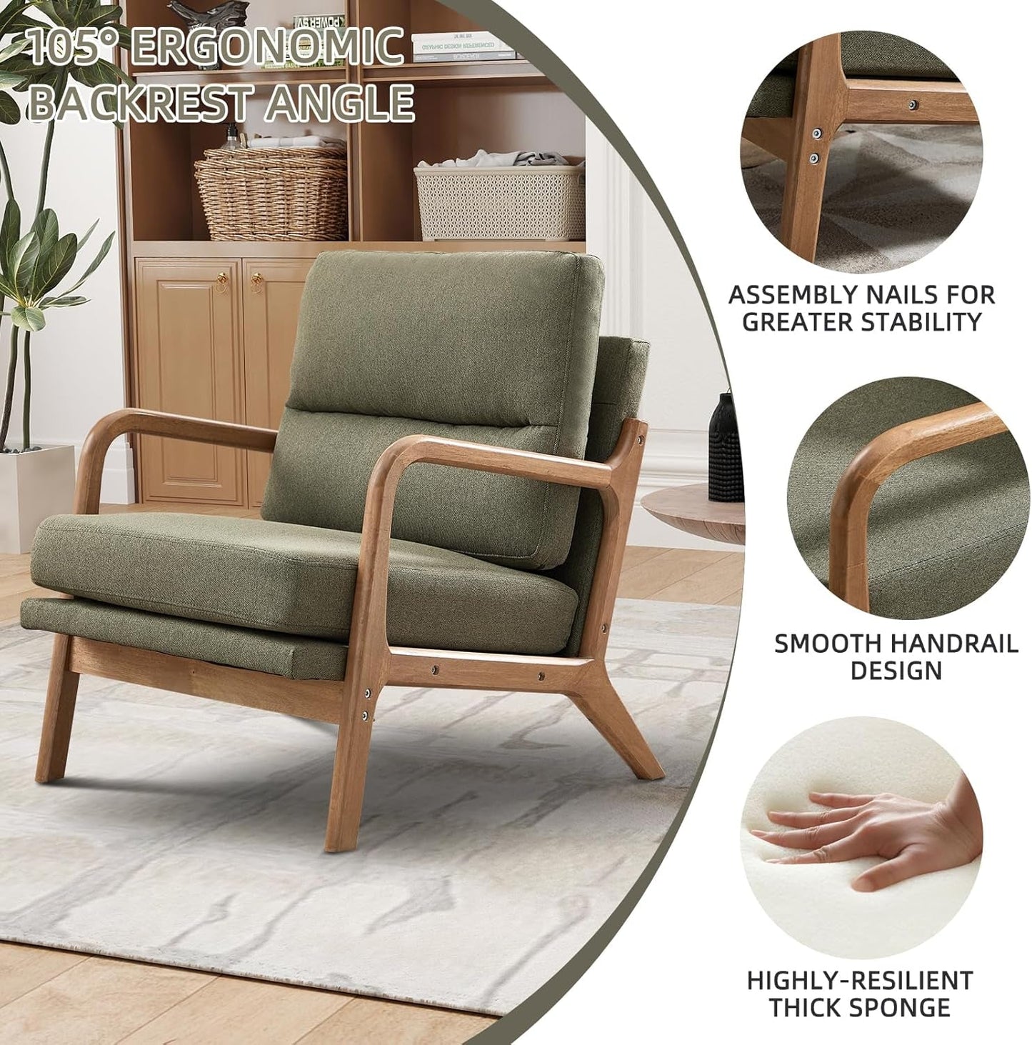 Mid Century Emerald Linen Upholstered Accent Chair