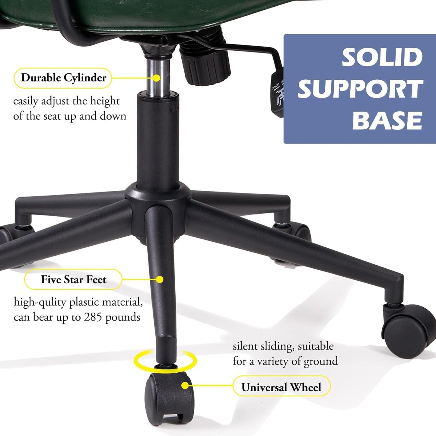 Green Leather Mid Century Office Chair With Wheels And Arms