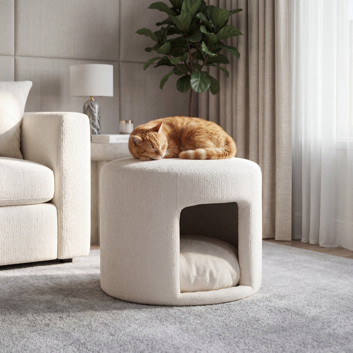 Beige Pet Friendly Ottoman with Removable Pet Cushion and Hidden Pet Nook