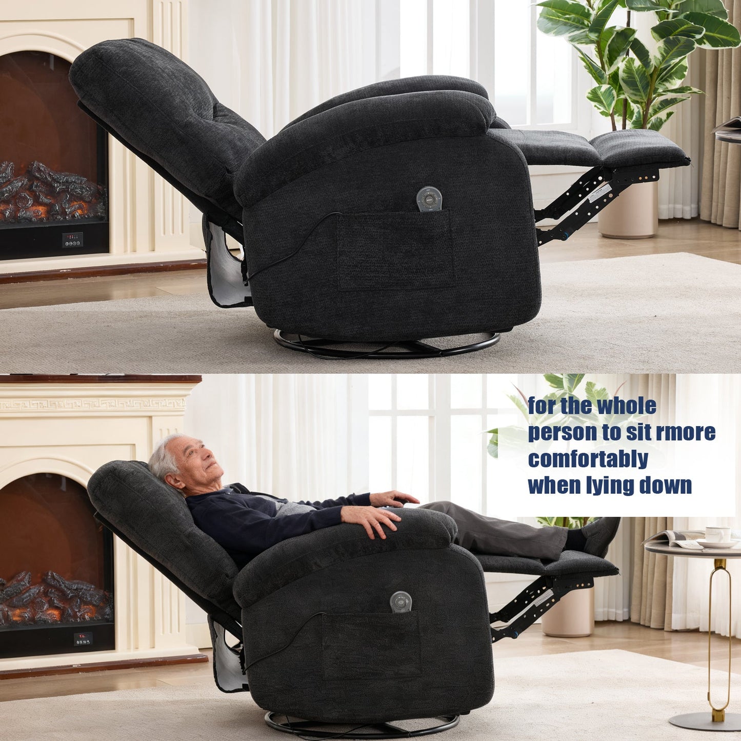 Hot massage manual lounge chair, with rocker arms and rotating fabric, with cup bucket, for living room, black