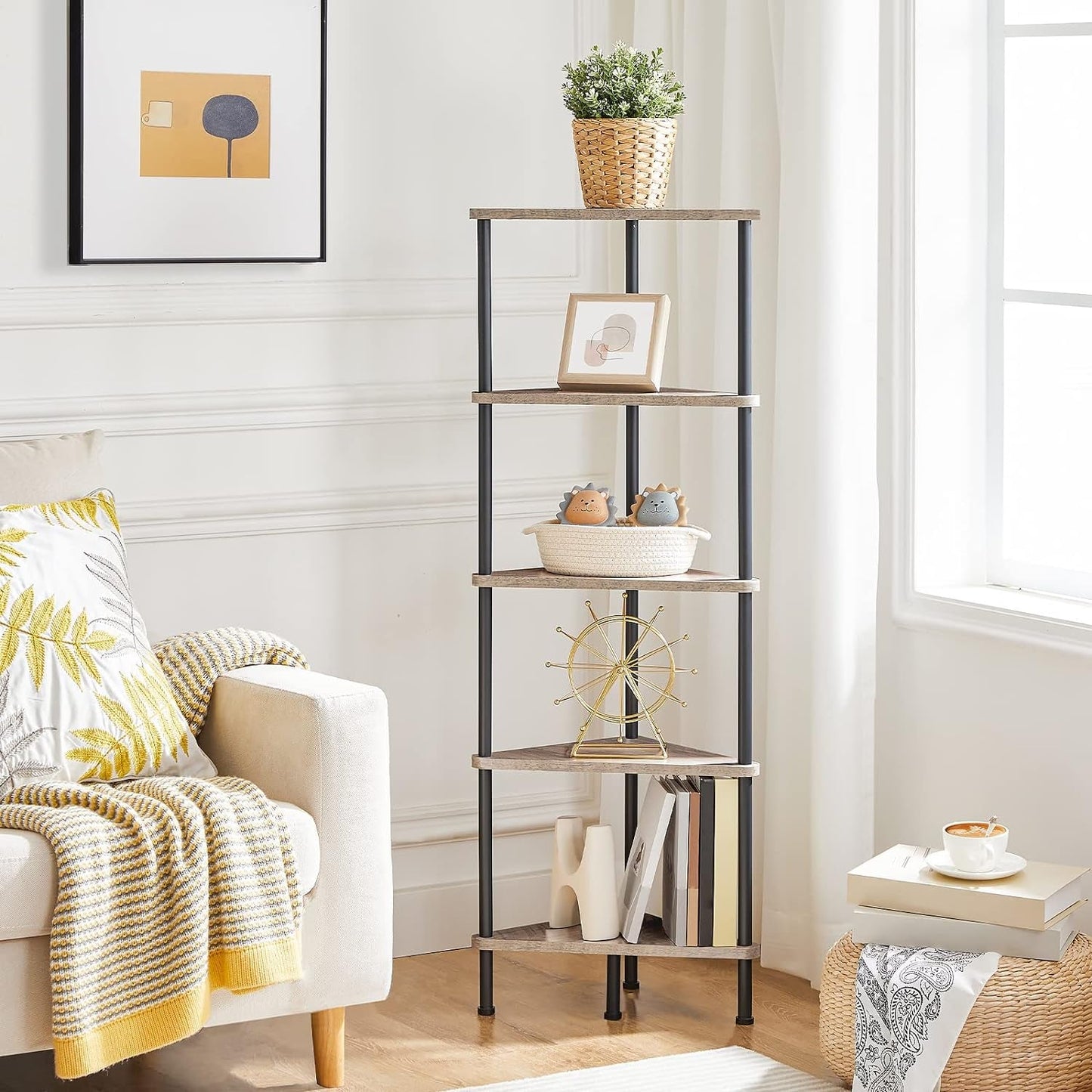 Industrial 5 Tier Corner Shelf Stand With Metal Frame