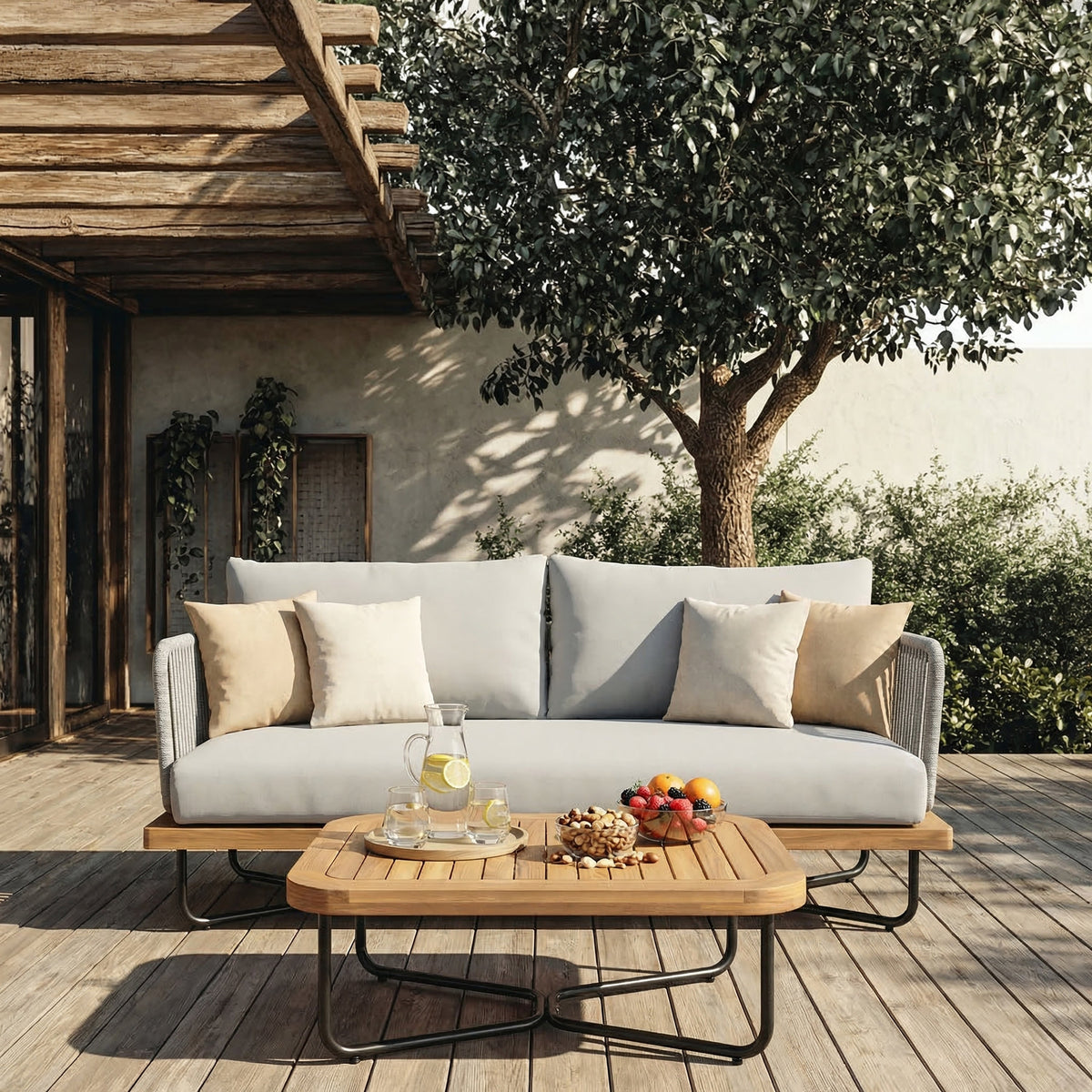Lucca Outdoor Acacia Wood Rope Woven Sofa Sectional Set