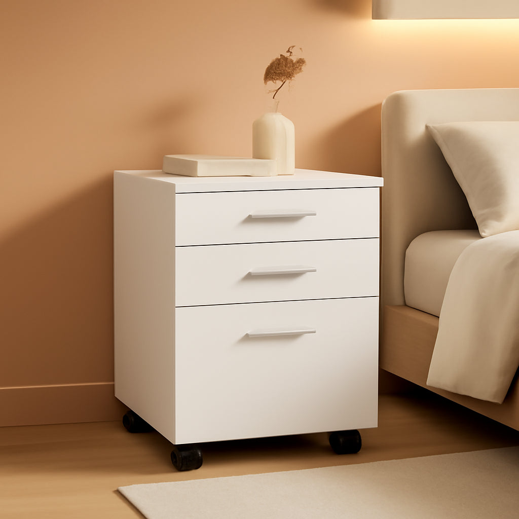 White Hollow Core 3 Drawer File Cabinet On Castors