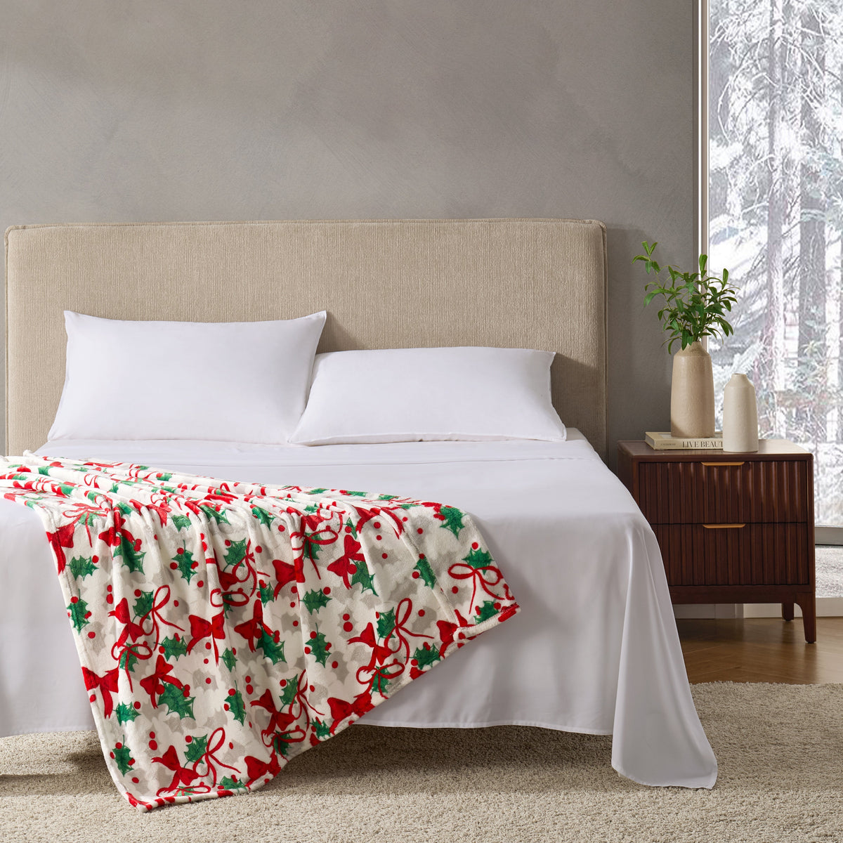 Kathy Ireland Holiday Print Plush Flannel Throw Blanket