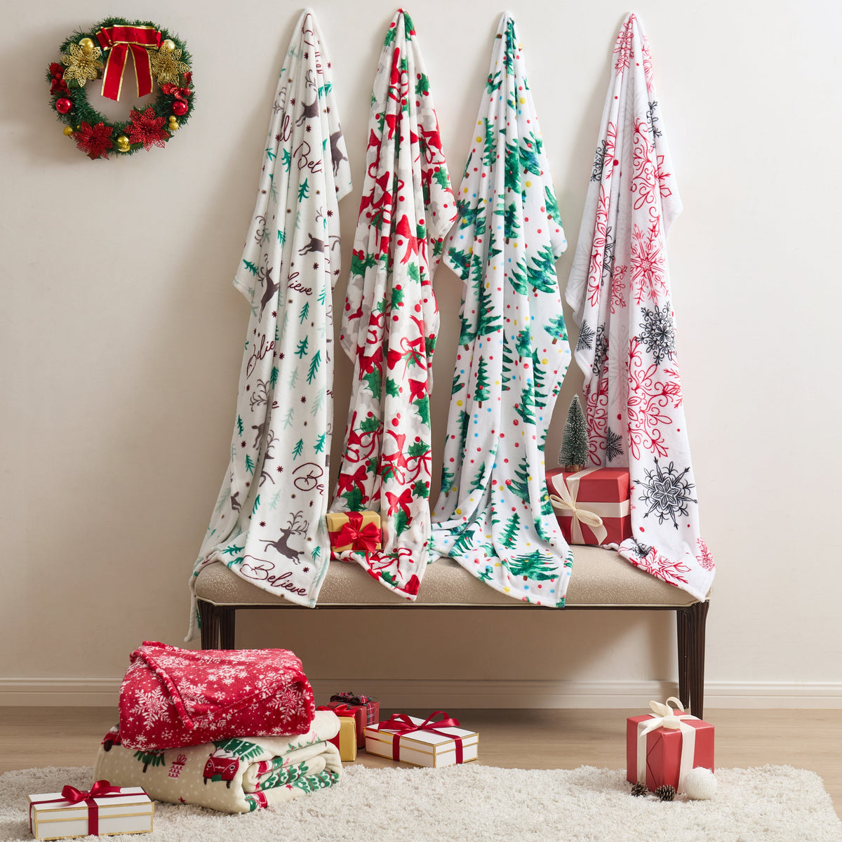 Kathy Ireland Holiday Print Plush Flannel Throw Blanket