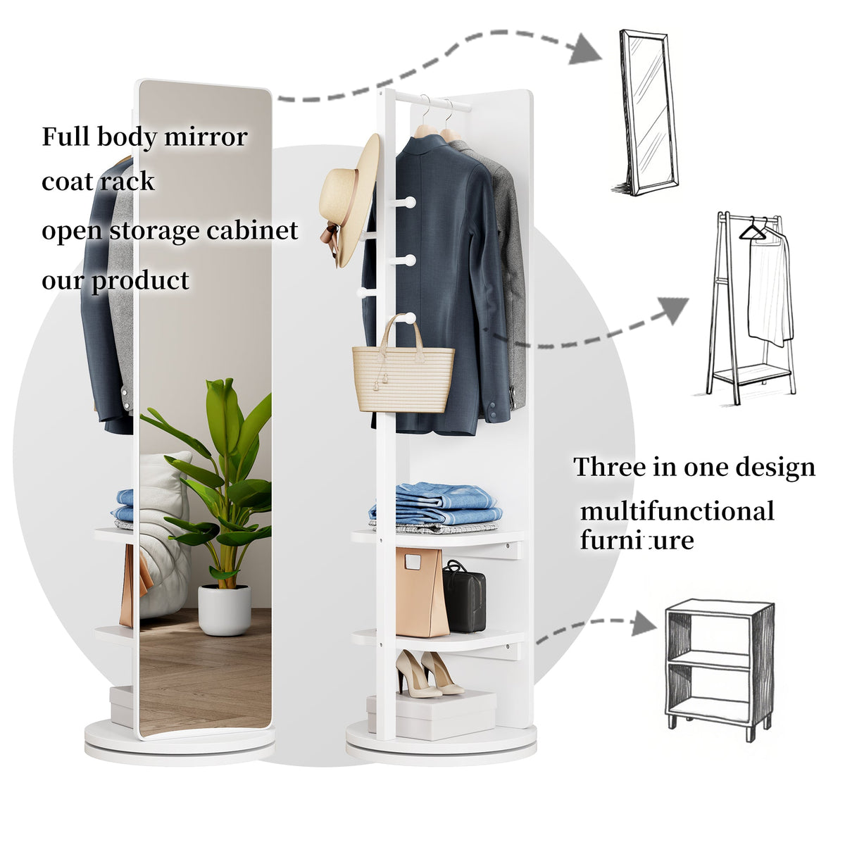 360° Rotating Full Length Mirror with Hook Storage Rack