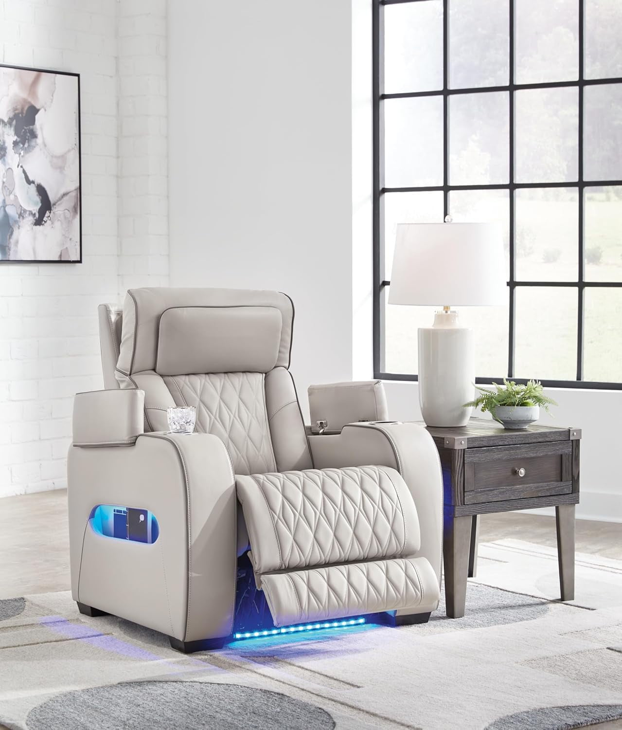 Light Gray Leather Power Recliner With Adjustable Headrest