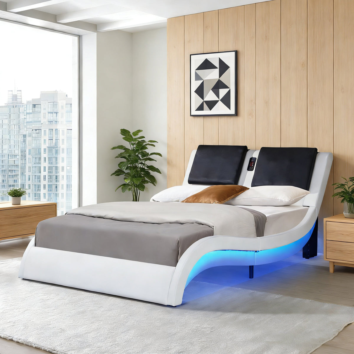 Faux Leather Upholstered Platform Bed Frame with LED Lighting