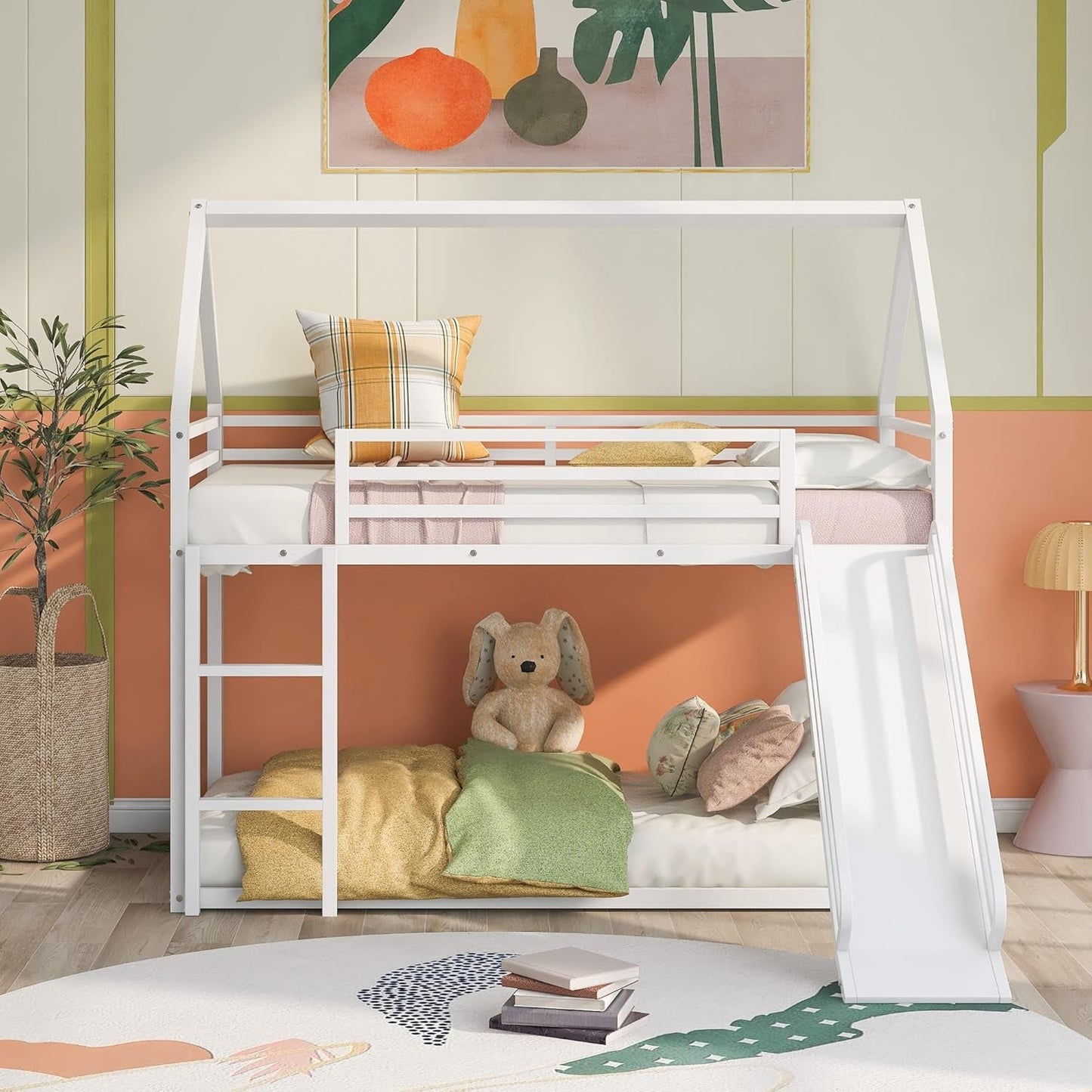 Twin Over Twin Metal Floor Bunk Bed With Slide Playhouse