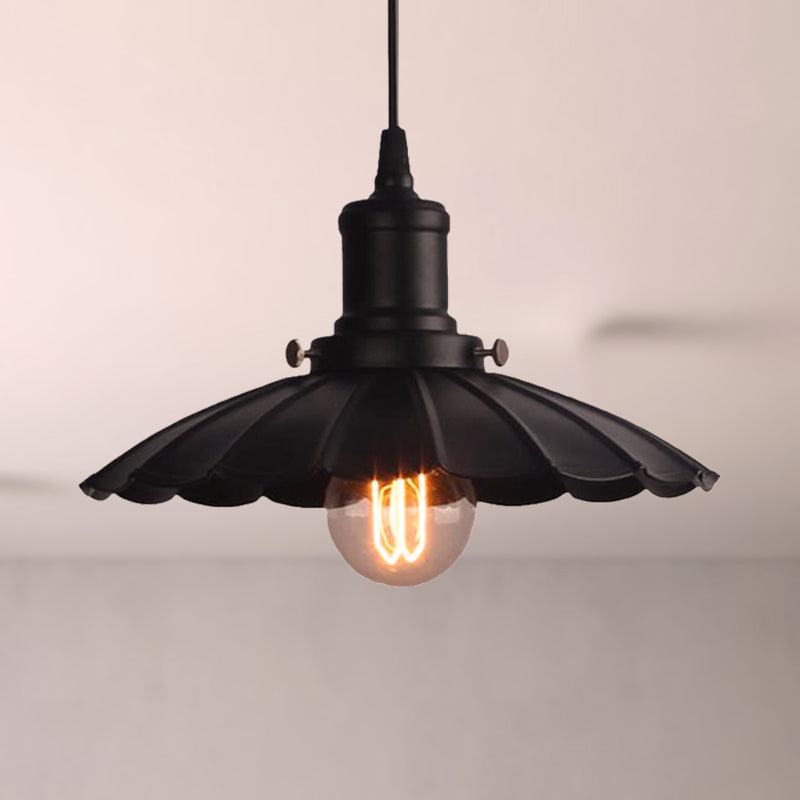 Vintage Industrial Hanging Lamp, Black Scalloped Metal, Indoor Ceiling Light Fixture, 1-Bulb, 10"/12" Diameter