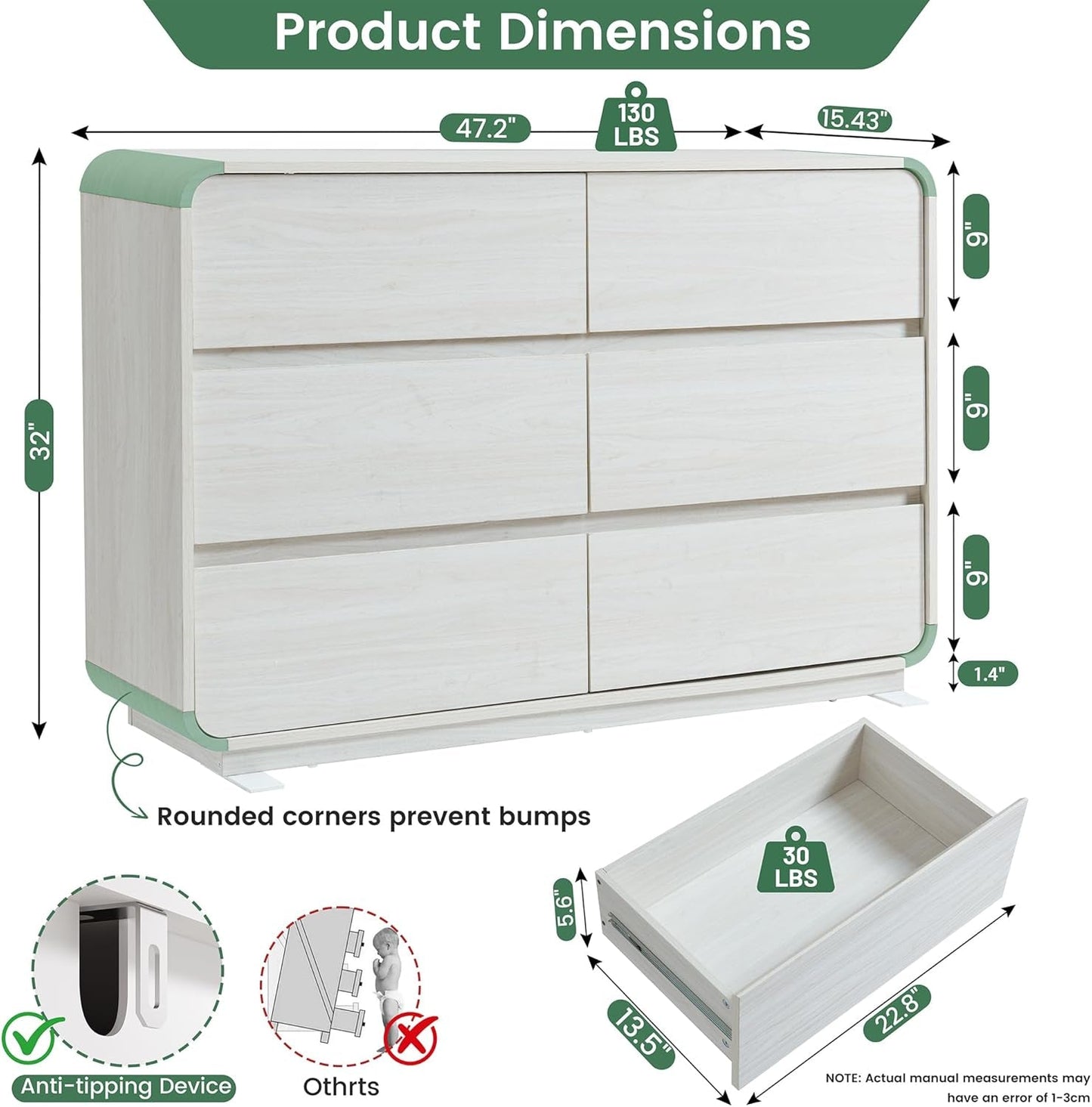 47 Inch White Dresser With Six Drawers Anti Tip Design