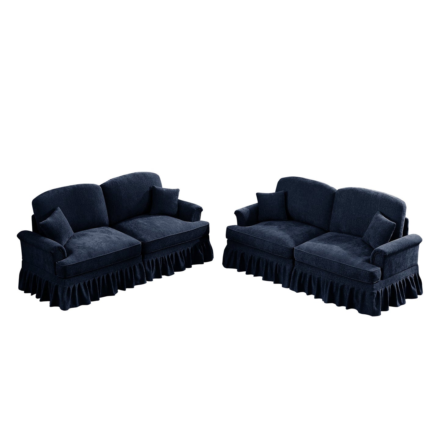 Classic 2 Piece Modular Couch Living Room Sofa Set with Flared Arms and Removable Ruffles Pleats Skirts and Spindle Legs, 2Seater Sofa + 2-Seat Loveseat Sofa Sets for Living Room, Blue