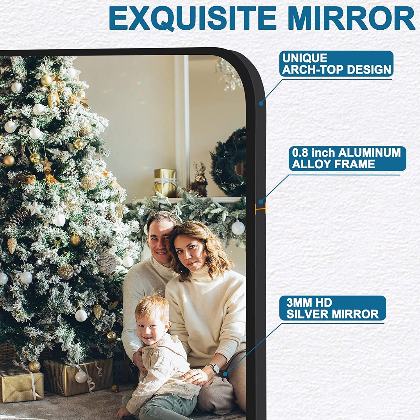 Black Metal Framed Bathroom Wall Mirror With Thin Frame features unique arch-top design and 0.8 inch aluminum alloy frame.