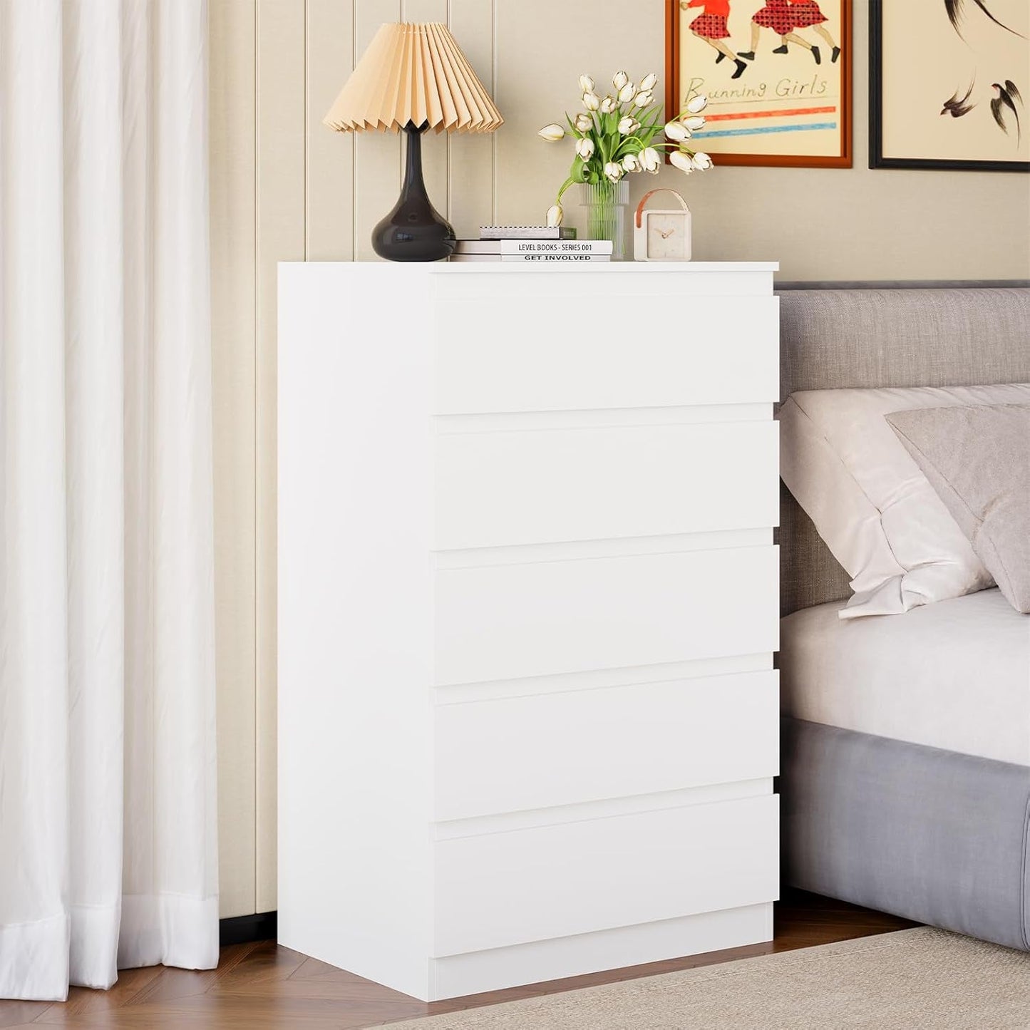 White Contemporary Solid Wood Dresser Five Drawers