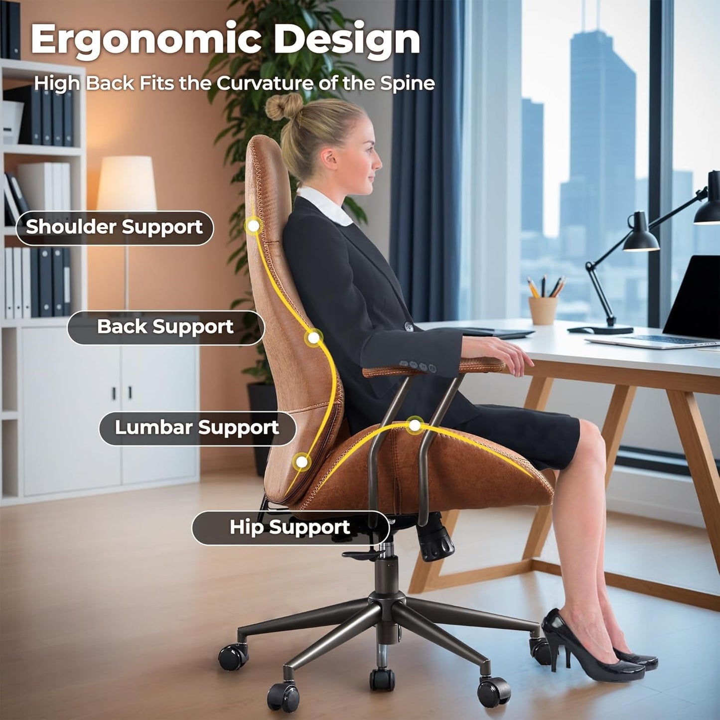 Ergonomic Mid Century Leather Office Chair With Lumbar