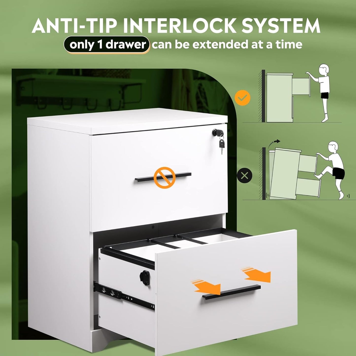 2 Drawer White Wood Lateral File Cabinet With Lock For Office Or Home Use Fits Any Desk