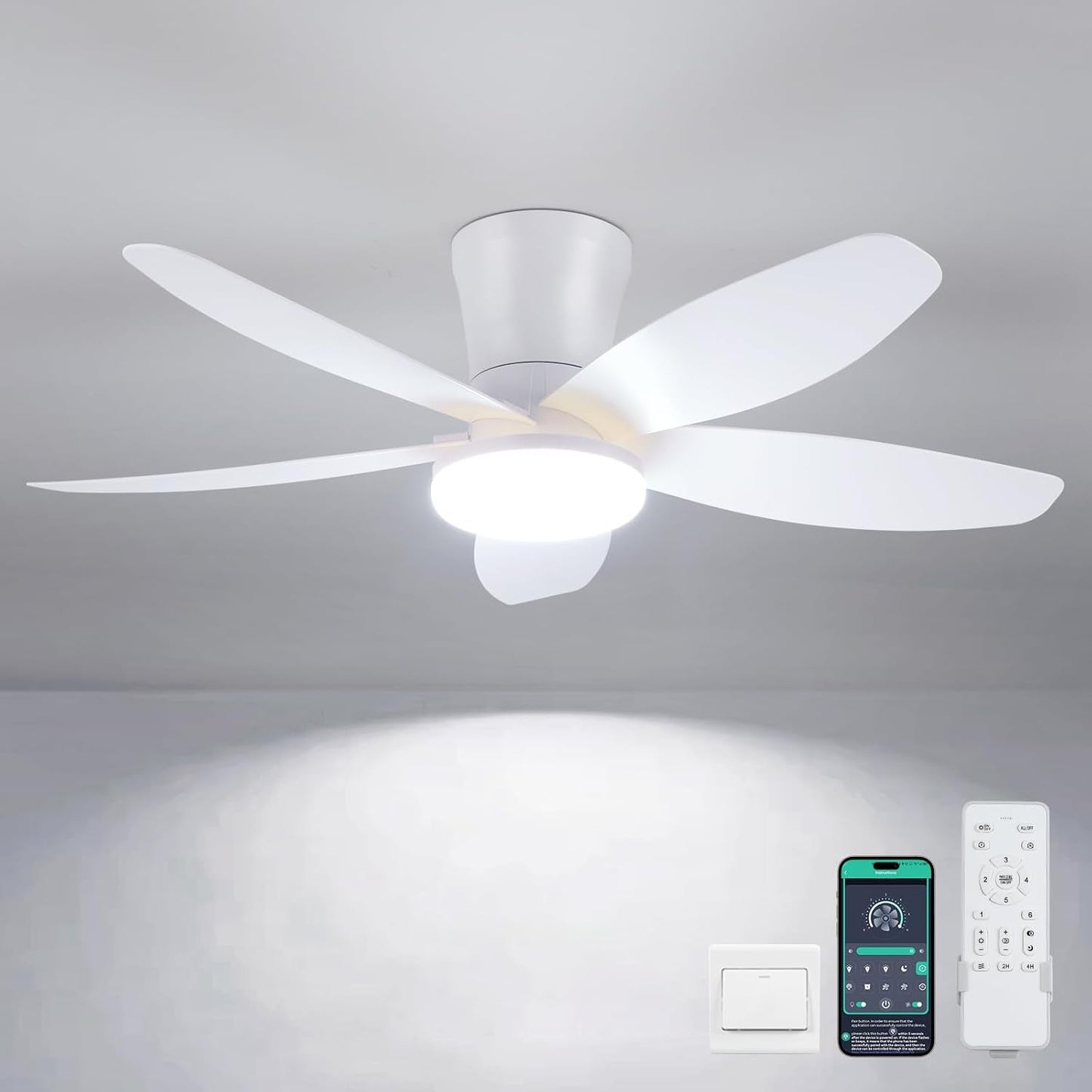 36 Inch White Ceiling Fan With Dimmable LED Remote App Control Energy Efficient