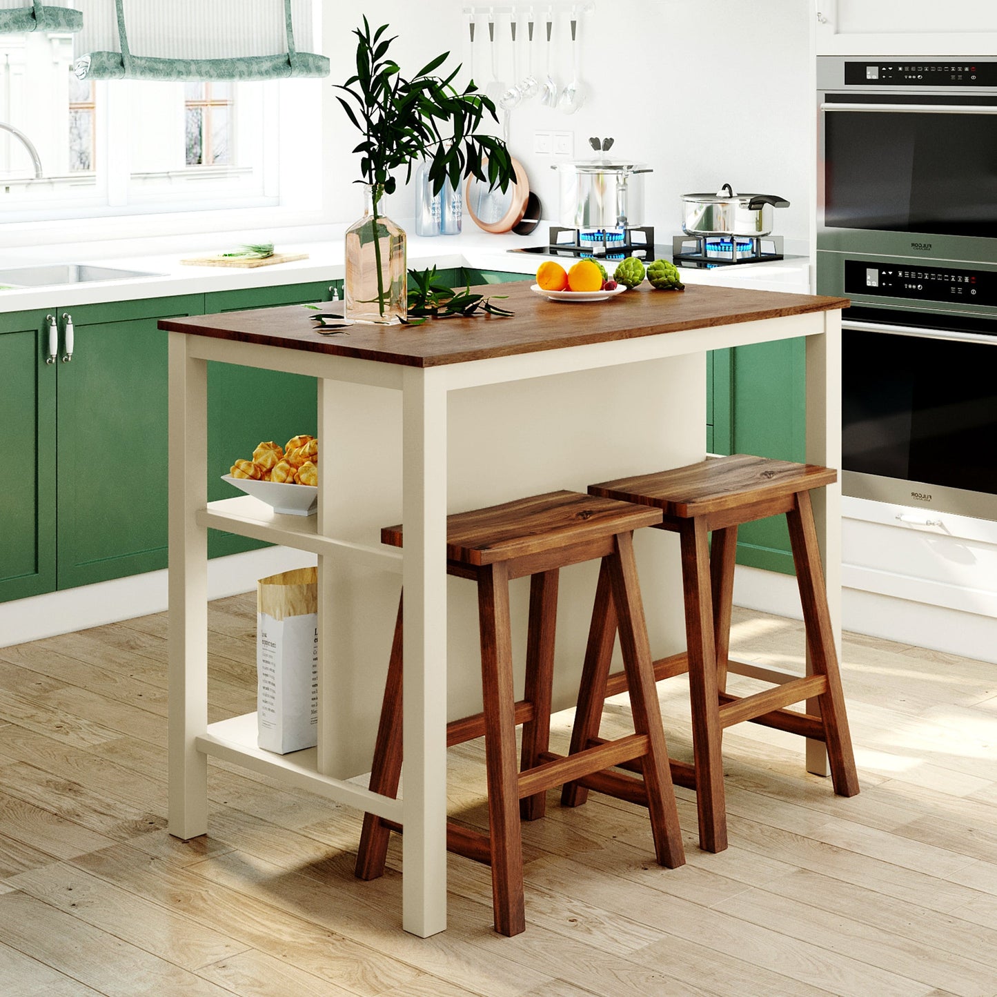 TOPMAX Rustic 3-piece Stationary Kitchen Island Set with Butcher Block and Seating, Walnut and Cream White