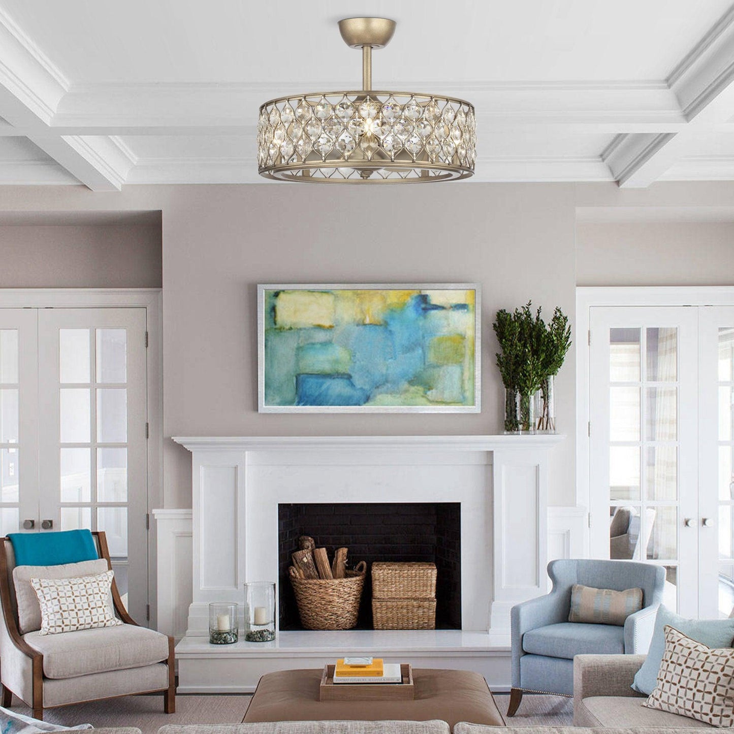 25" Modern Downrod Mount Crystal Fandelier with Lighting and Remote Control