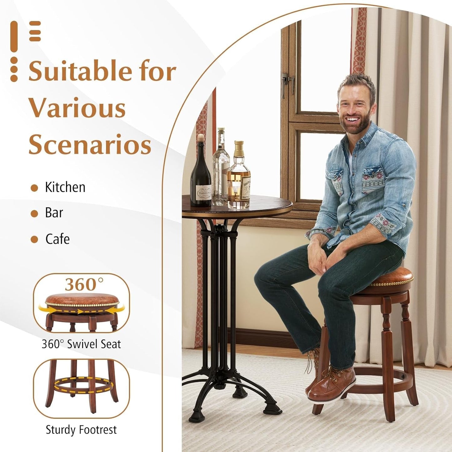 24 Inch Swivel Bar Stool Set Of 2 With Upholstered Seat And Rubber Wood Frame For Kitchen Island